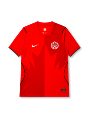 Canada 2026/27 home shirt with a red base, tonal oversized maple leaf front graphic, white Canada crest, white chest Swoosh, dark piping accents, and V-neck collar.