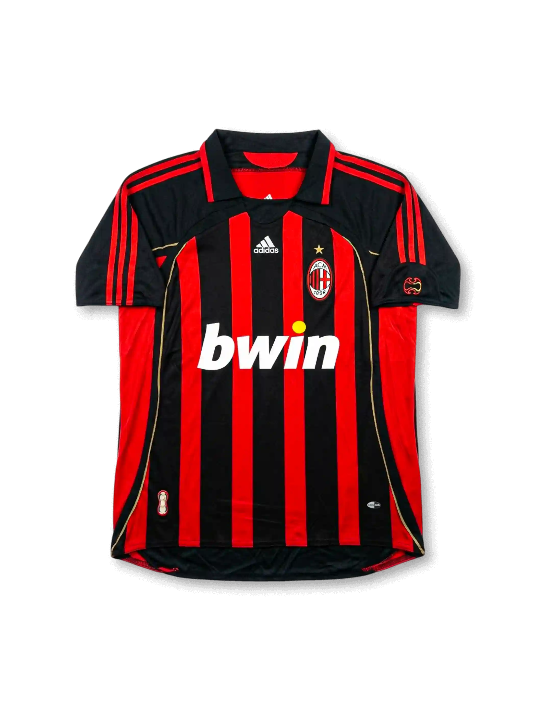 Front view of AC Milan home shirt in black and red stripes with bwin sponsor, adidas logo, club crest, gold star, and sleeve patches.