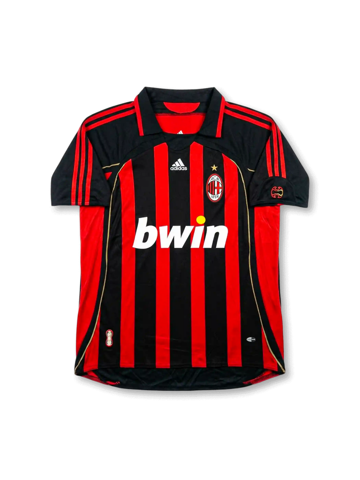 Front view of AC Milan home shirt in black and red stripes with bwin sponsor, adidas logo, club crest, gold star, and sleeve patches.