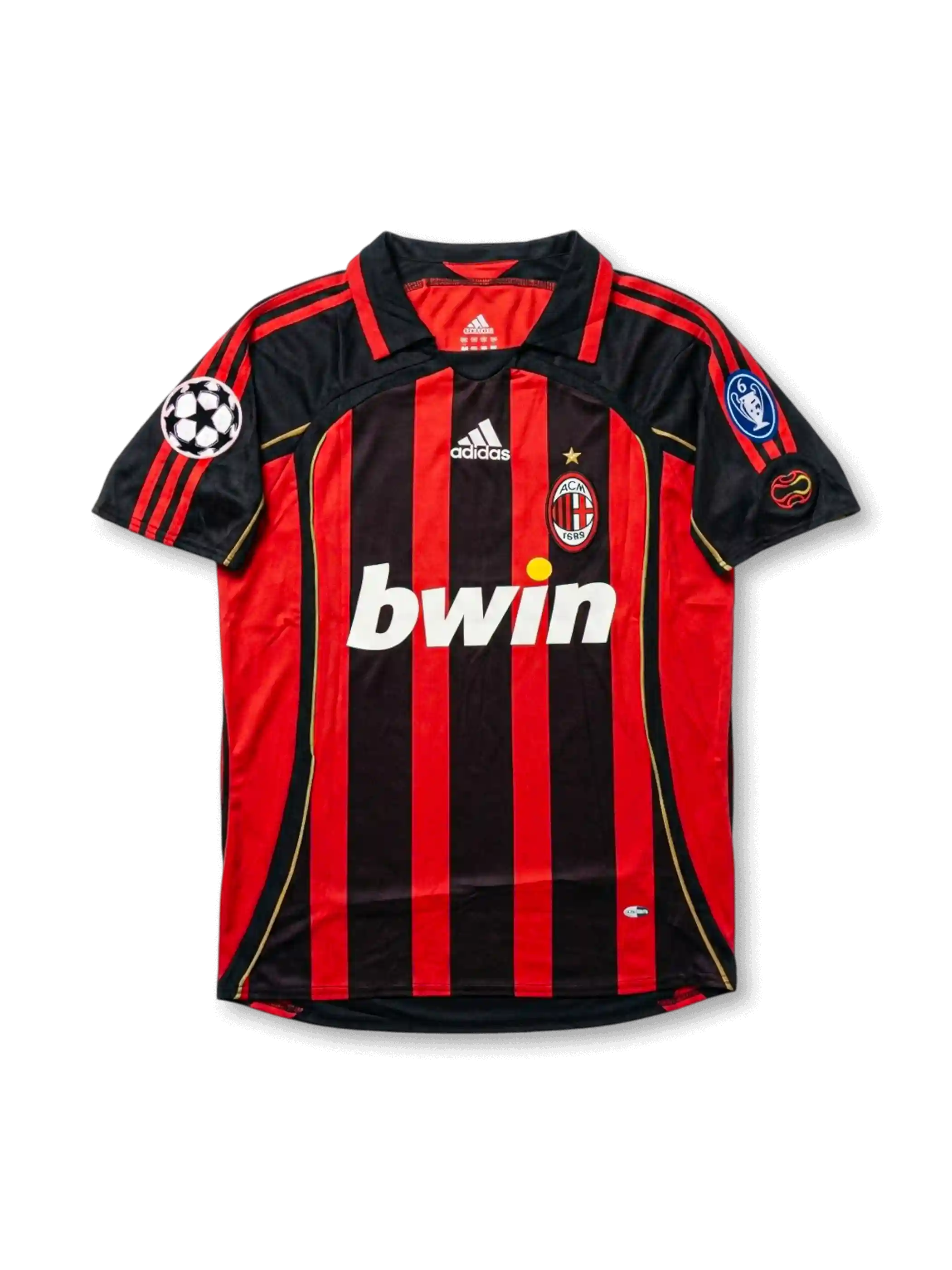 Front view of AC Milan home shirt in black and red stripes with bwin sponsor, adidas logo, club crest, gold star, and European competition sleeve patches.