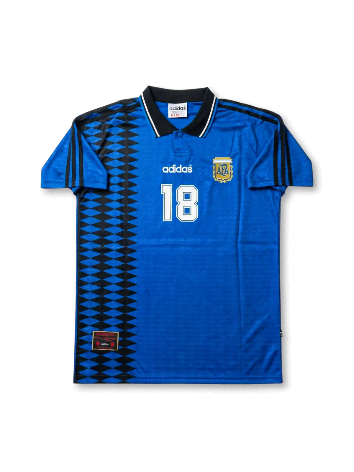 Front view of Argentina 1994-style away shirt in royal blue with black geometric side panel, AFA crest, black collar, and white number 18.