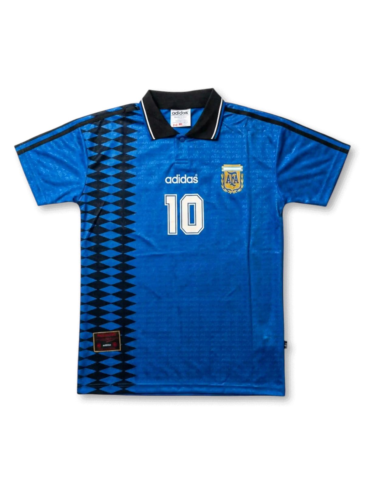 Front view of Argentina 1994 World Cup away shirt in blue with black geometric side panel, AFA crest, adidas logo, and number 10 on the front.