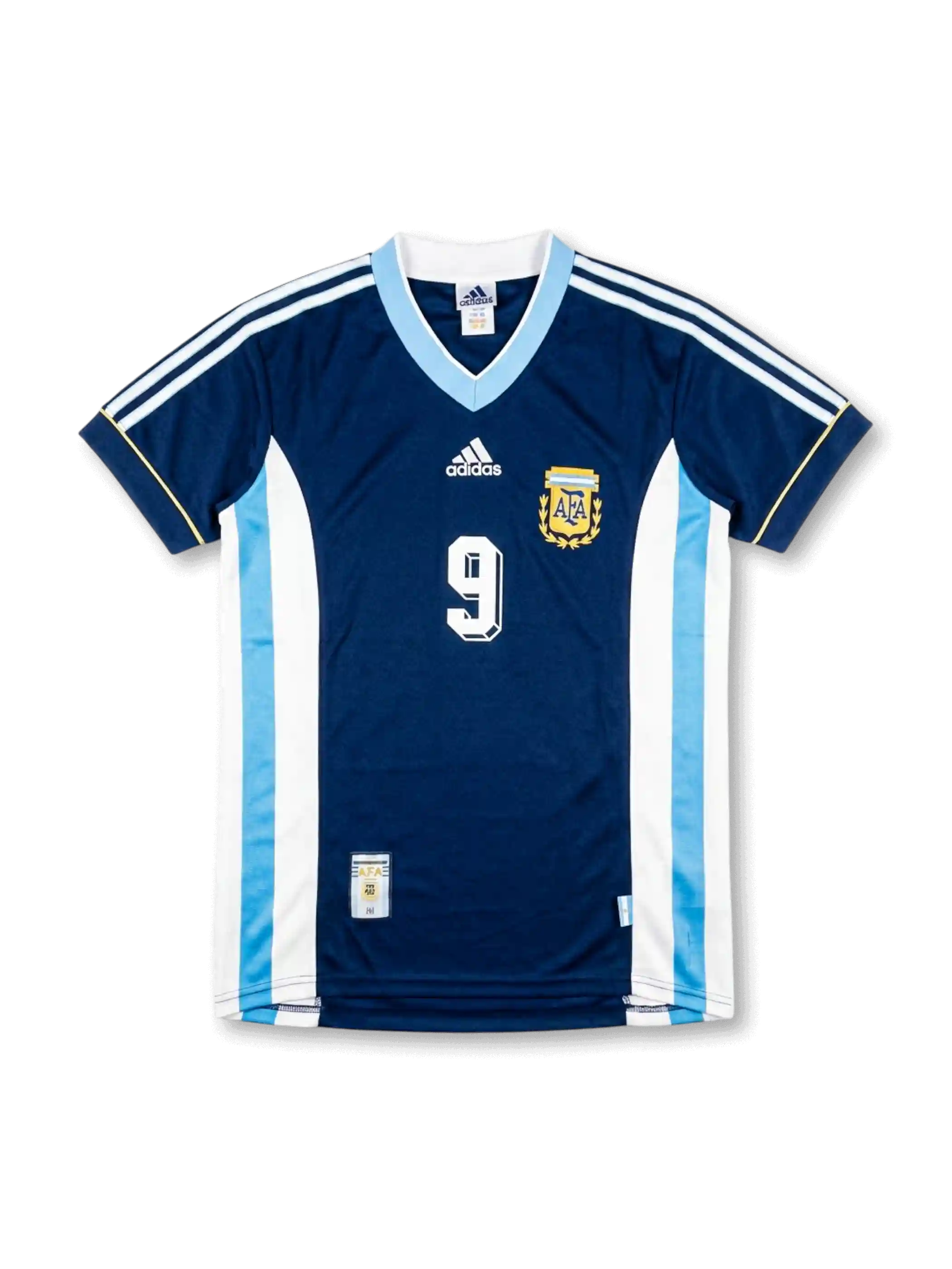 Front view of Argentina 1998 World Cup away shirt in dark navy with light blue V-neck, AFA crest, adidas logo, side panel detailing, and number 9 on the front.