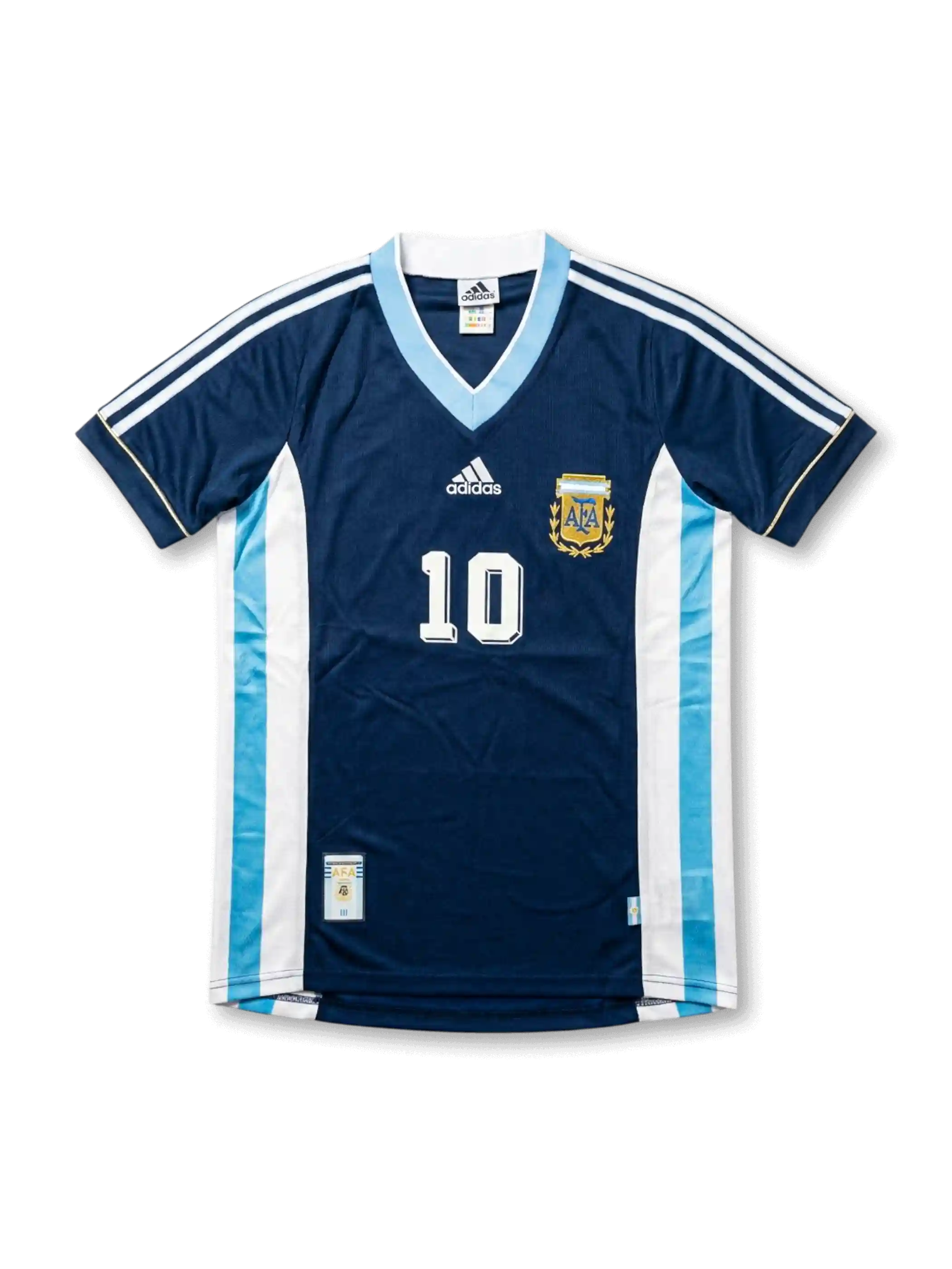 Front view of Argentina 1998 World Cup away shirt in dark navy with light blue V-neck, AFA crest, adidas logo, side panel detailing, and number 10 on the front.