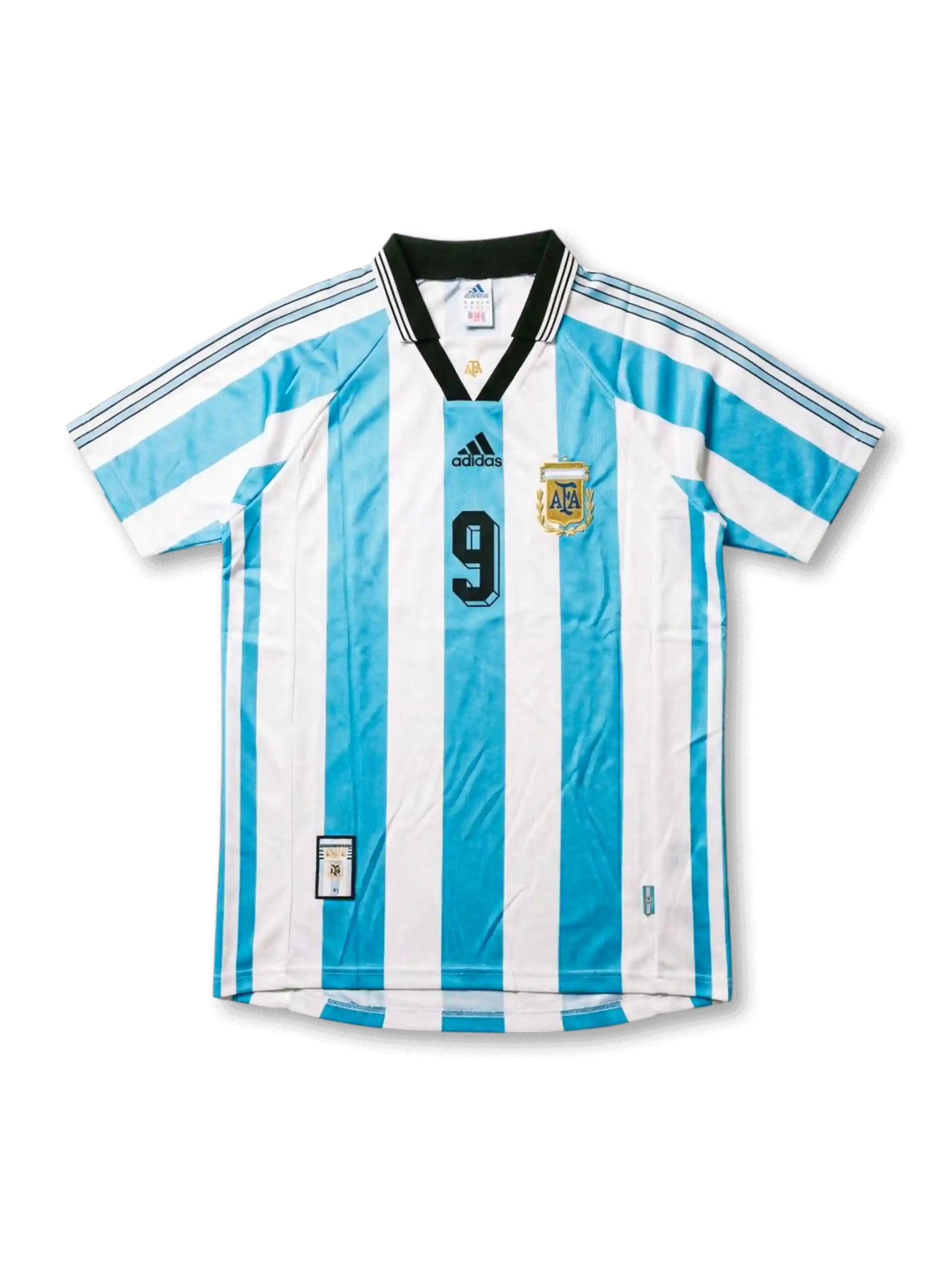Front view of Argentina 1998 World Cup home shirt with sky blue and white stripes, black collar, AFA crest, black chest logo, and number 9 on the front.