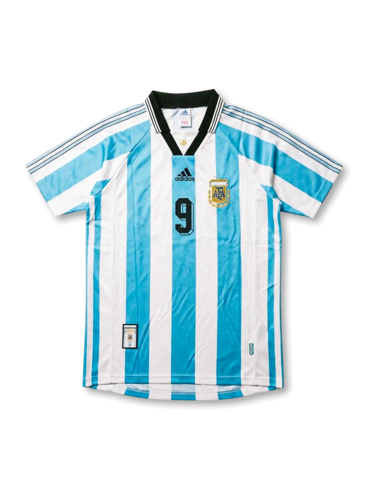 Front view of Argentina 1998 World Cup home shirt with sky blue and white stripes, black collar, AFA crest, black chest logo, and number 9 on the front.