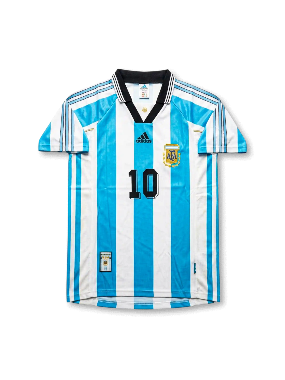 Front view of Argentina 1998 World Cup home shirt with sky blue and white stripes, black collar, AFA crest, adidas logo, and number 10 on the front.
