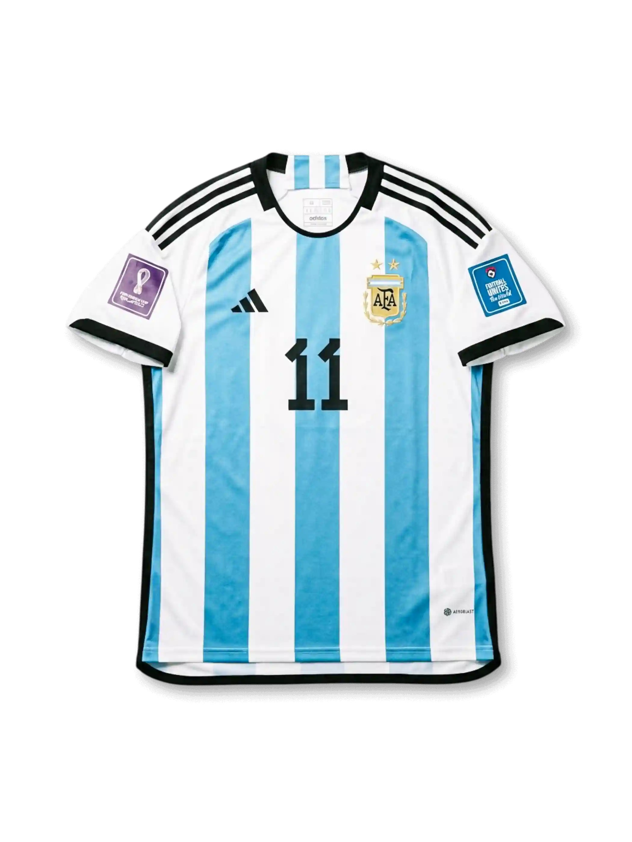 Front view of Argentina 2022 FIFA World Cup home shirt with sky blue and white stripes, black number 11, AFA crest, black shoulder stripes, and Qatar 2022 sleeve patches.