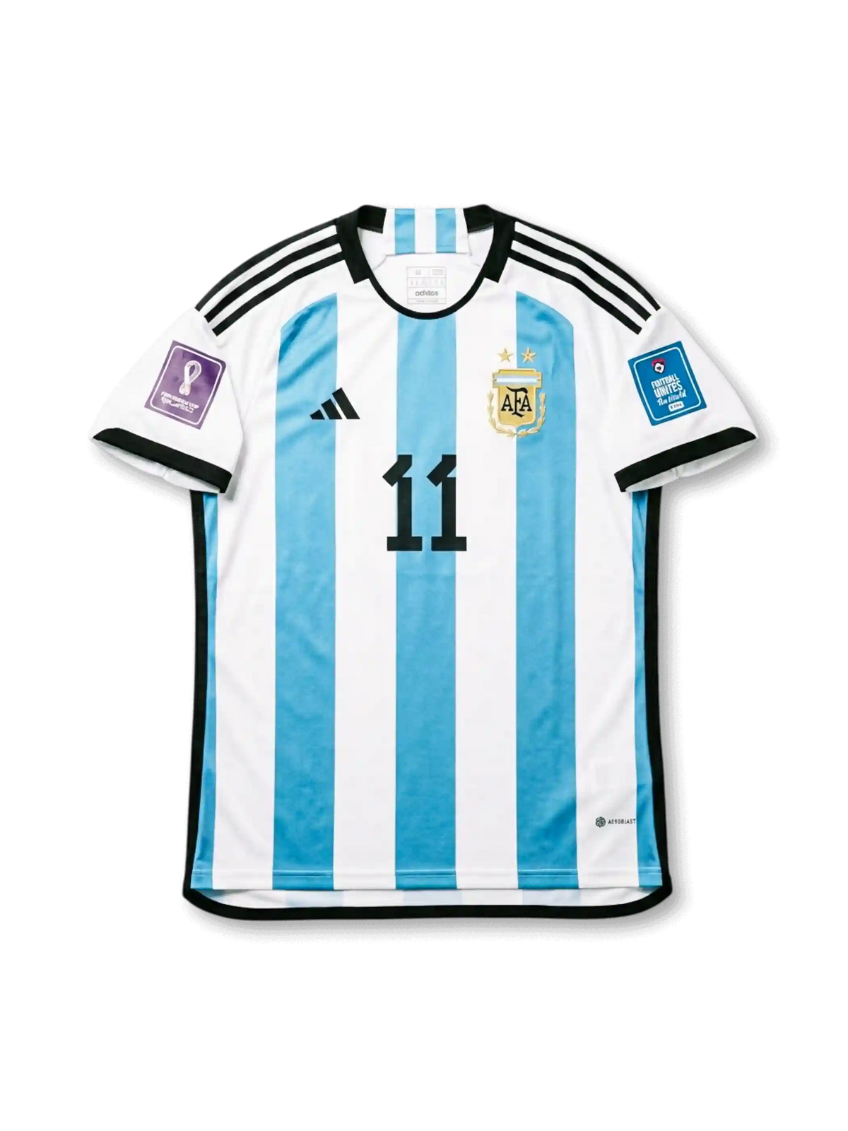 Front view of Argentina 2022 FIFA World Cup home shirt with sky blue and white stripes, black number 11, AFA crest, black shoulder stripes, and Qatar 2022 sleeve patches.