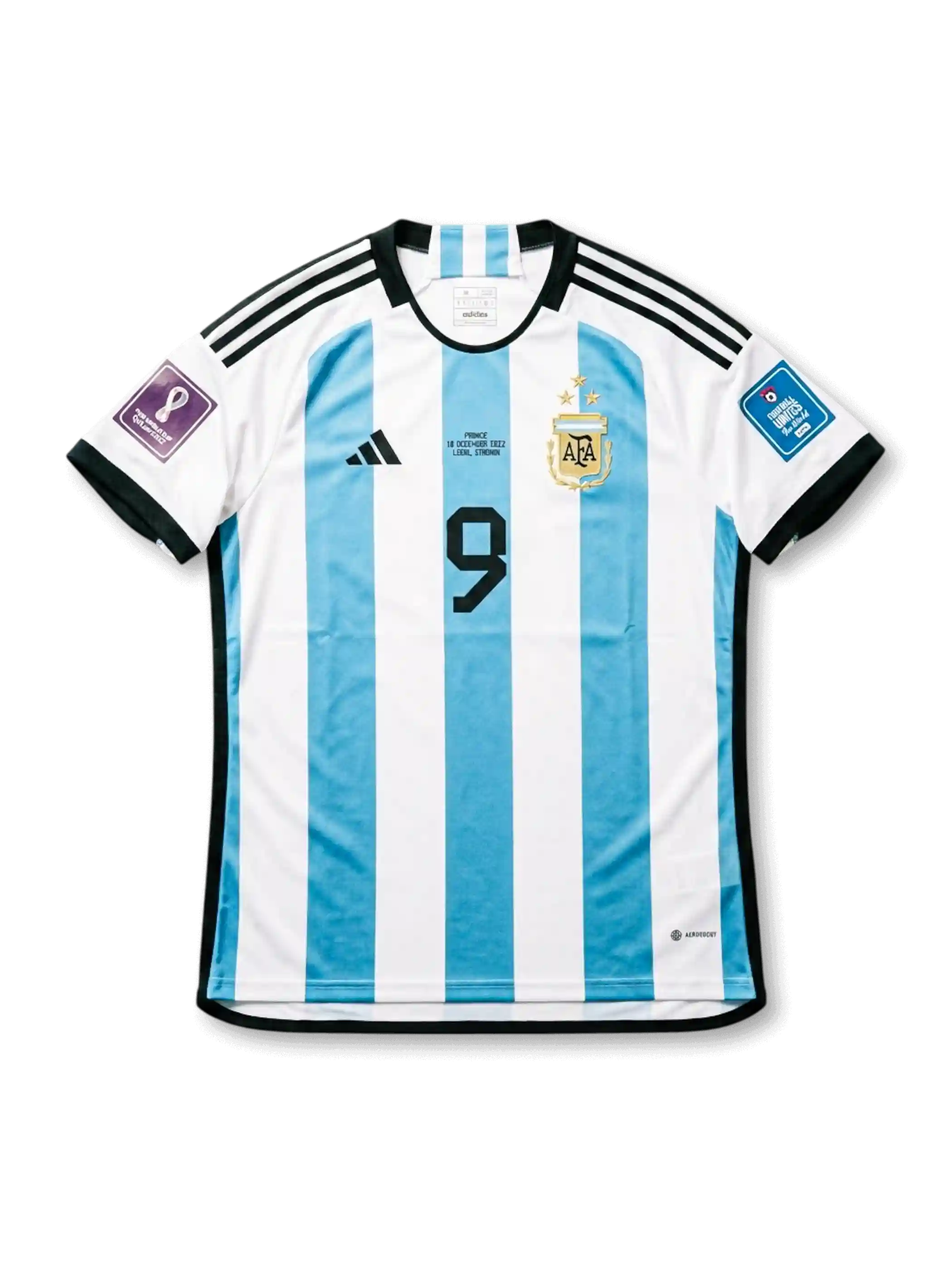 Front view of Argentina 2022 FIFA World Cup Final home shirt with sky blue and white stripes, black number 9, AFA crest, black shoulder stripes, final embroidery, and Qatar 2022 sleeve patches.