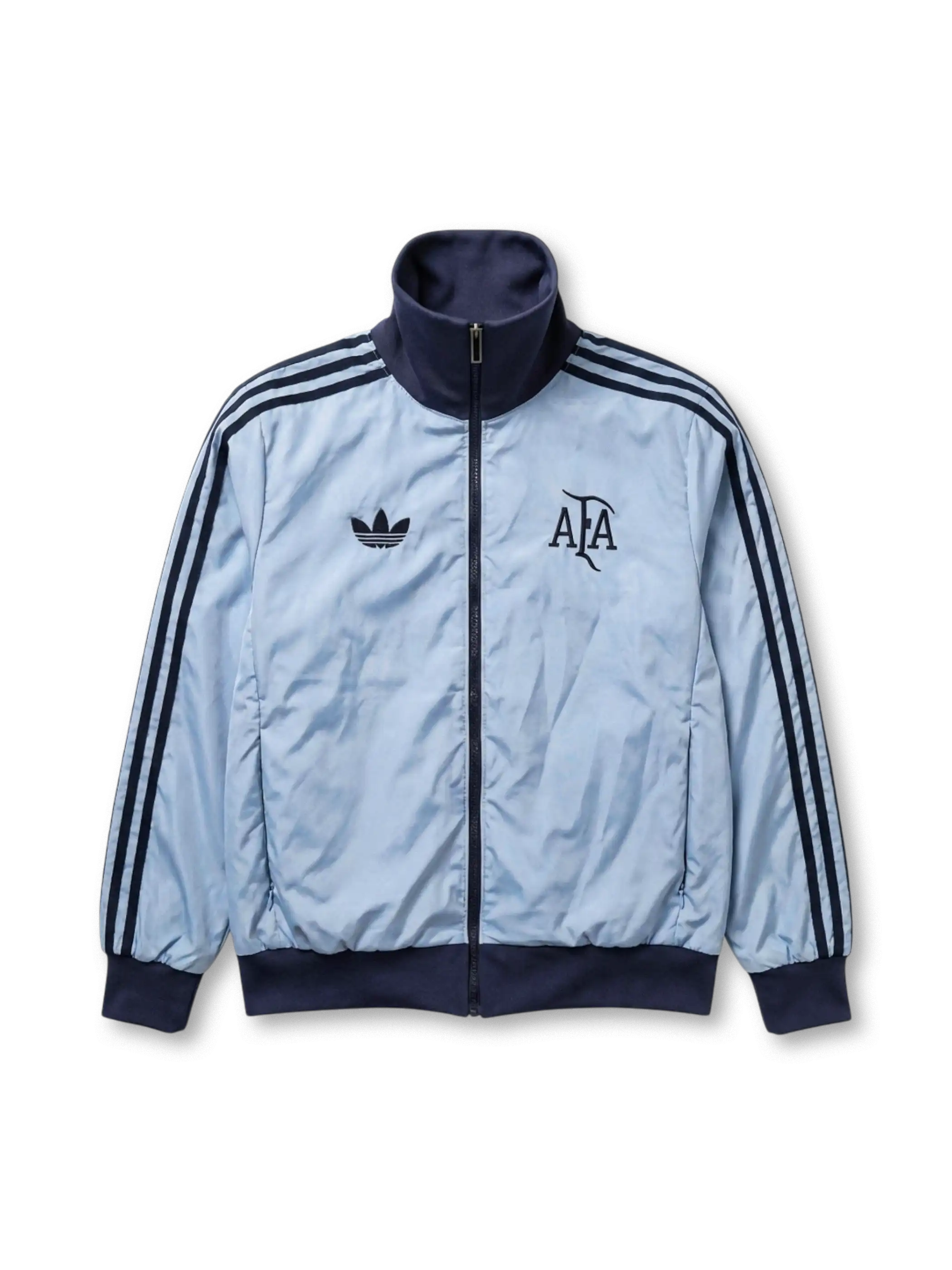 Argentina national team adidas Originals track jacket in sky blue satin-finish nylon with navy Three Stripes, navy ribbed stand collar and cuffs, Trefoil at left chest, vintage AFA monogram crest at right chest