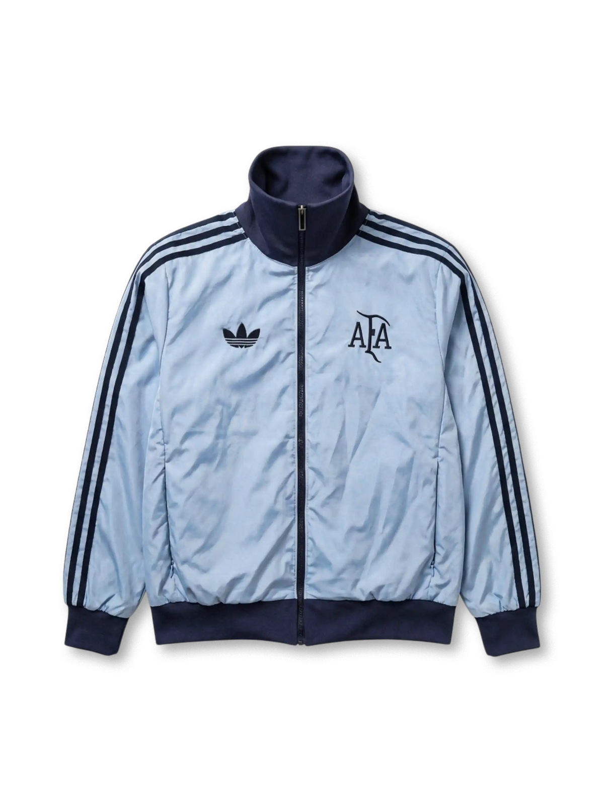 Argentina national team adidas Originals track jacket in sky blue satin-finish nylon with navy Three Stripes, navy ribbed stand collar and cuffs, Trefoil at left chest, vintage AFA monogram crest at right chest