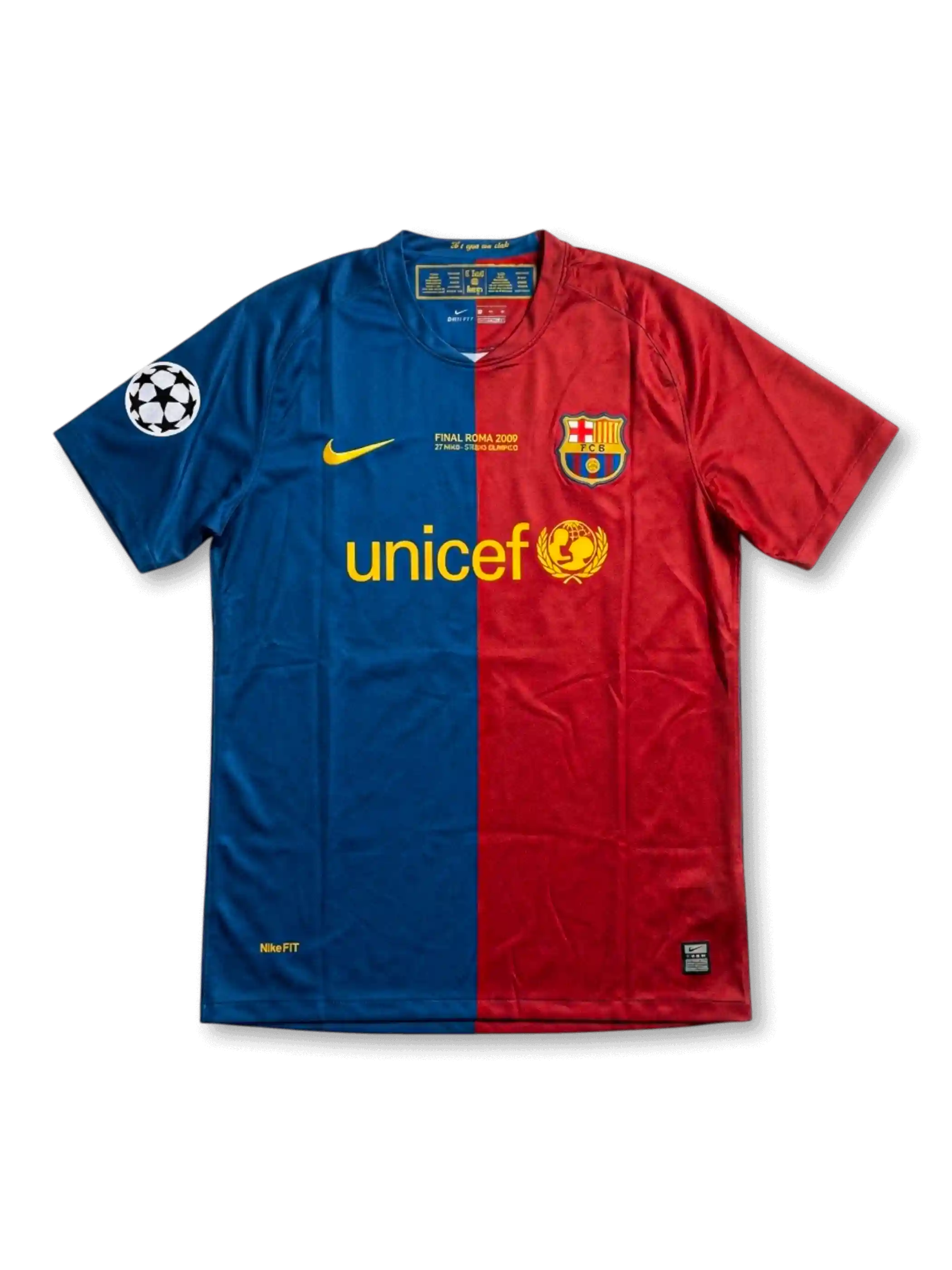 Front view of Barcelona 2009 Champions League Final home shirt in split blue and red with UNICEF sponsor, Rome final embroidery, club crest, and Champions League sleeve patch.