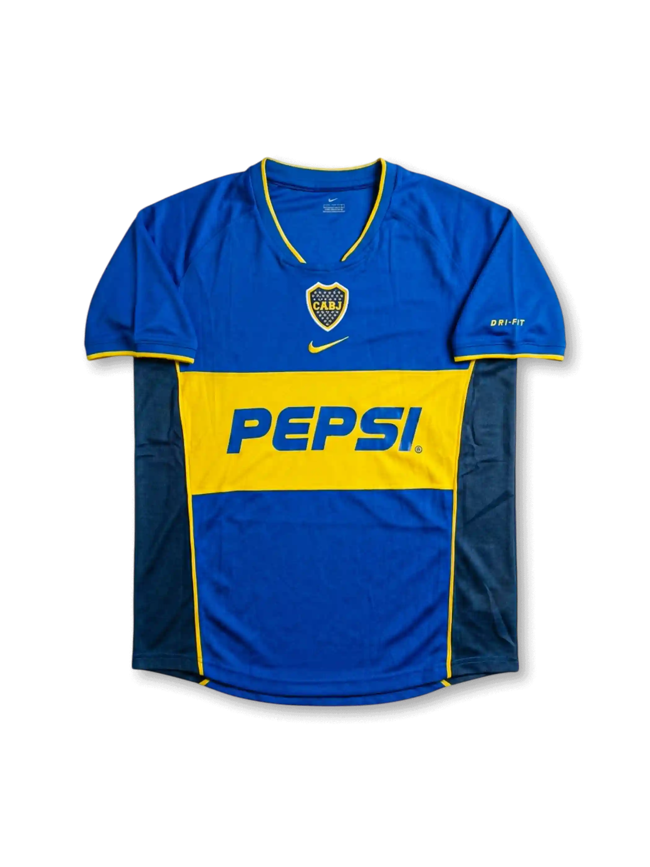 Front view of Boca Juniors 2004-05 home shirt in royal blue with gold chest band, Pepsi sponsor, centered swoosh, and CABJ crest.