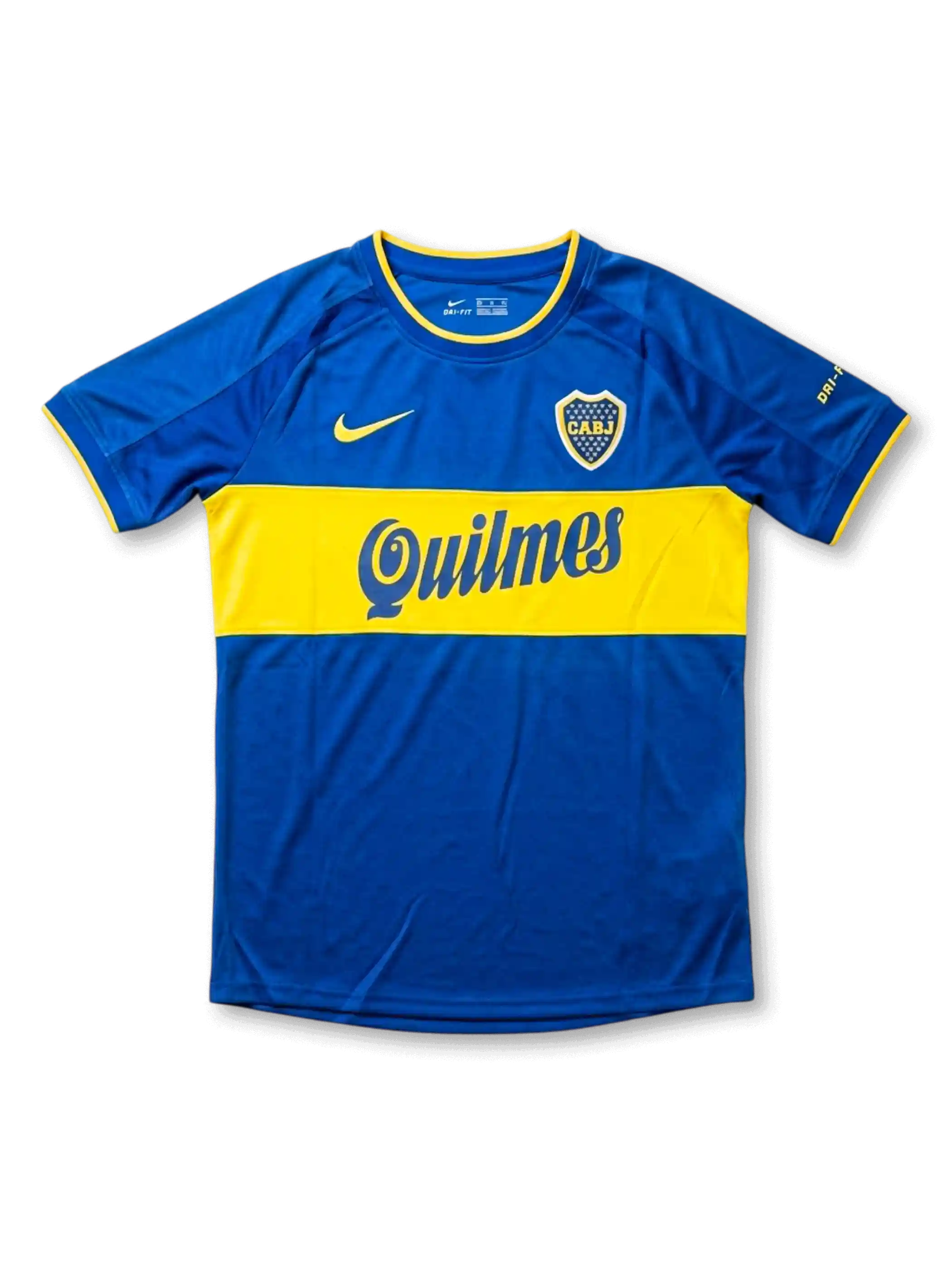 Front view of Boca Juniors home shirt in blue with yellow chest band, Quilmes sponsor, yellow swoosh, and CABJ crest.