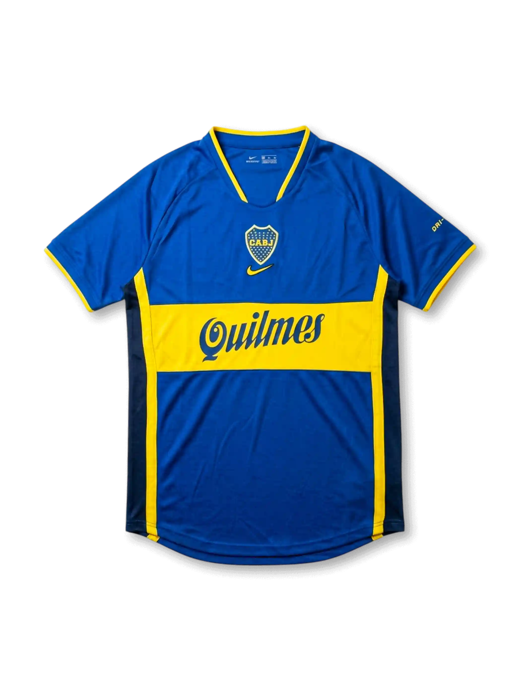 Front view of Boca Juniors home shirt in blue with yellow chest band, Quilmes sponsor, centered swoosh, and CABJ crest.
