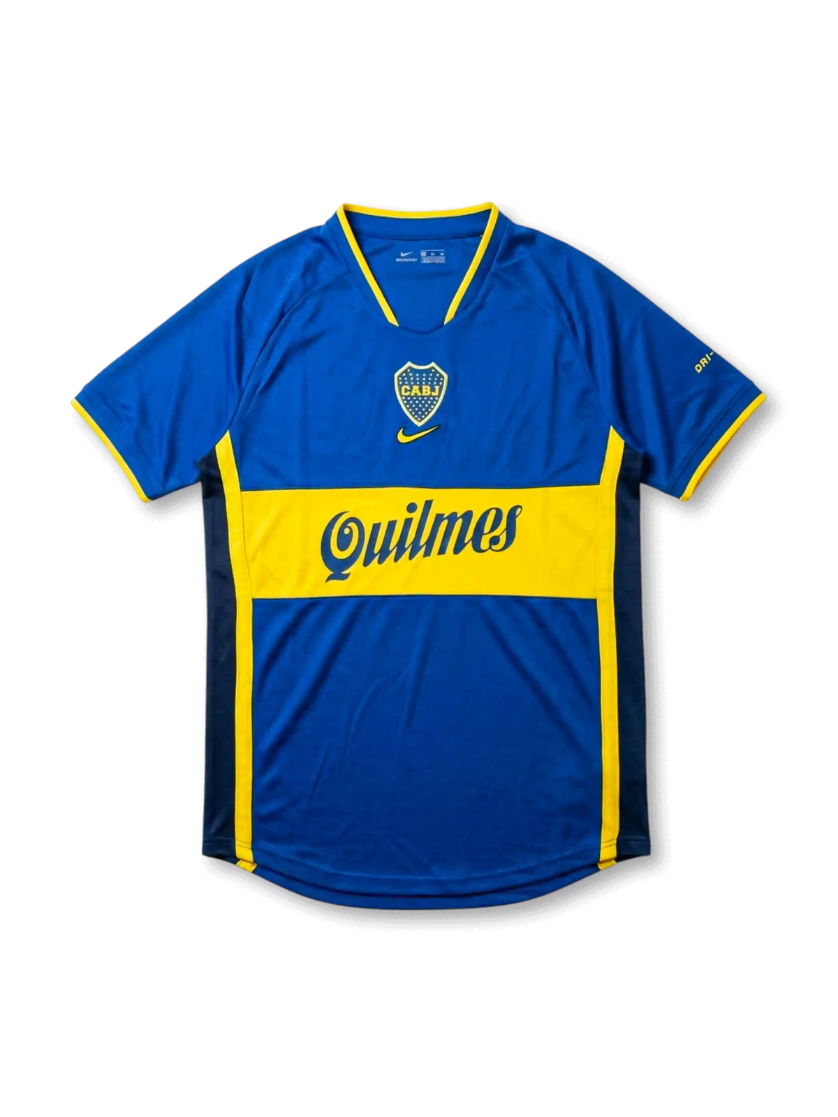Front view of Boca Juniors home shirt in blue with yellow chest band, Quilmes sponsor, centered swoosh, and CABJ crest.