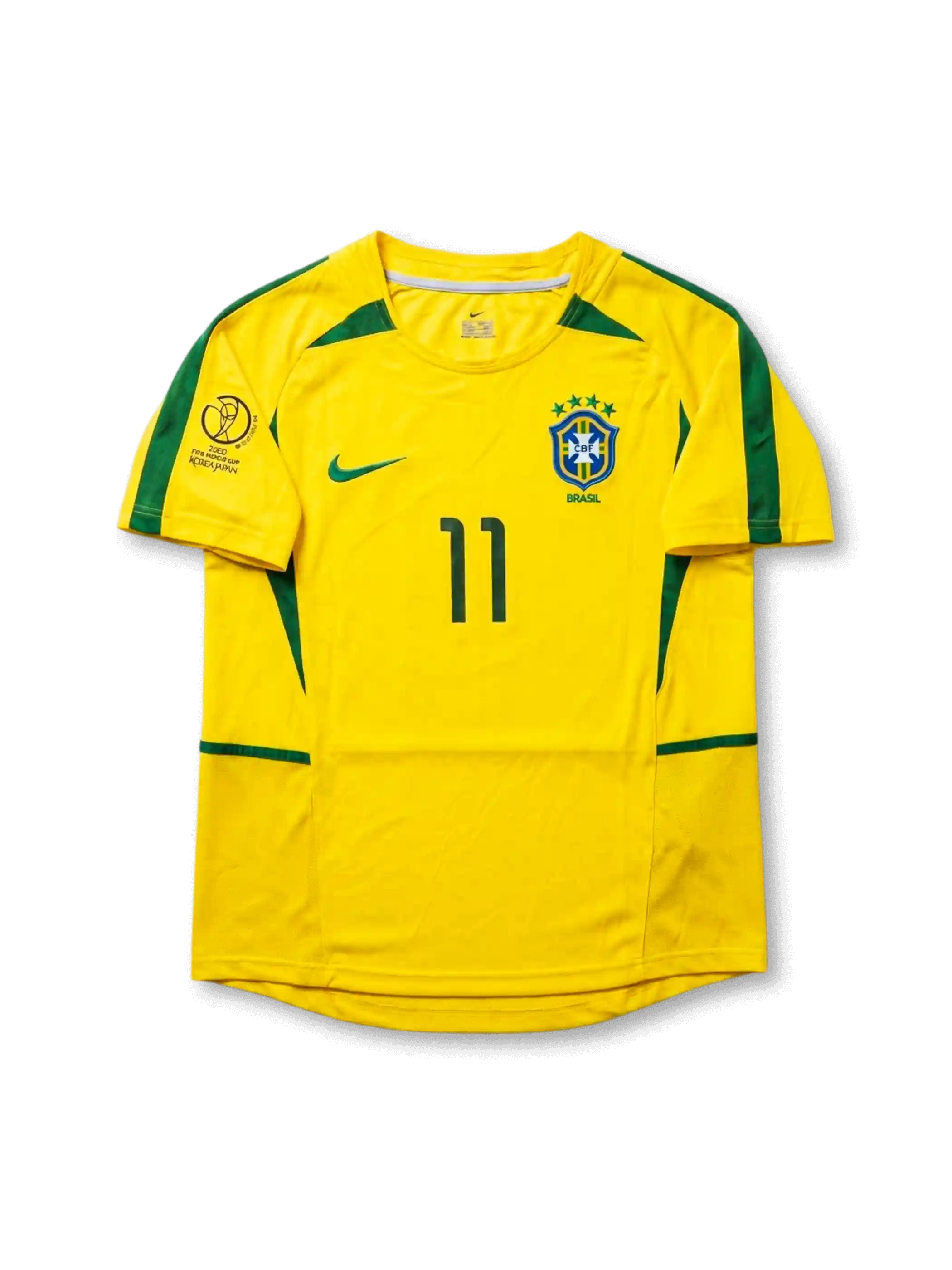 Front view of Brazil 2002 World Cup home shirt in yellow with green trim, CBF crest, Korea/Japan 2002 tournament print, and number 11 on the front.