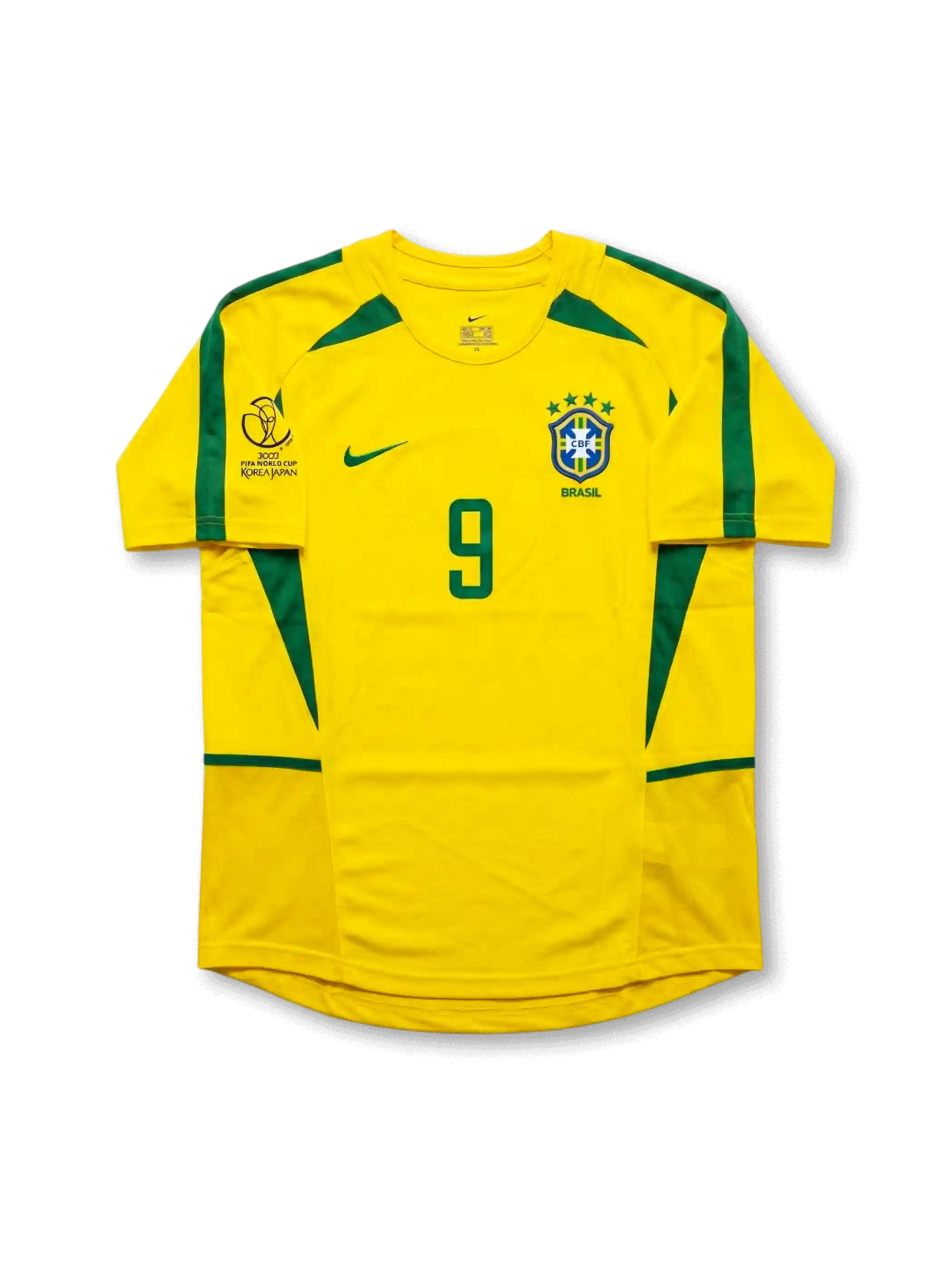 Front view of Brazil 2002 World Cup home shirt in yellow with green trim, CBF crest, Korea/Japan 2002 tournament print, and number 9 on the front.