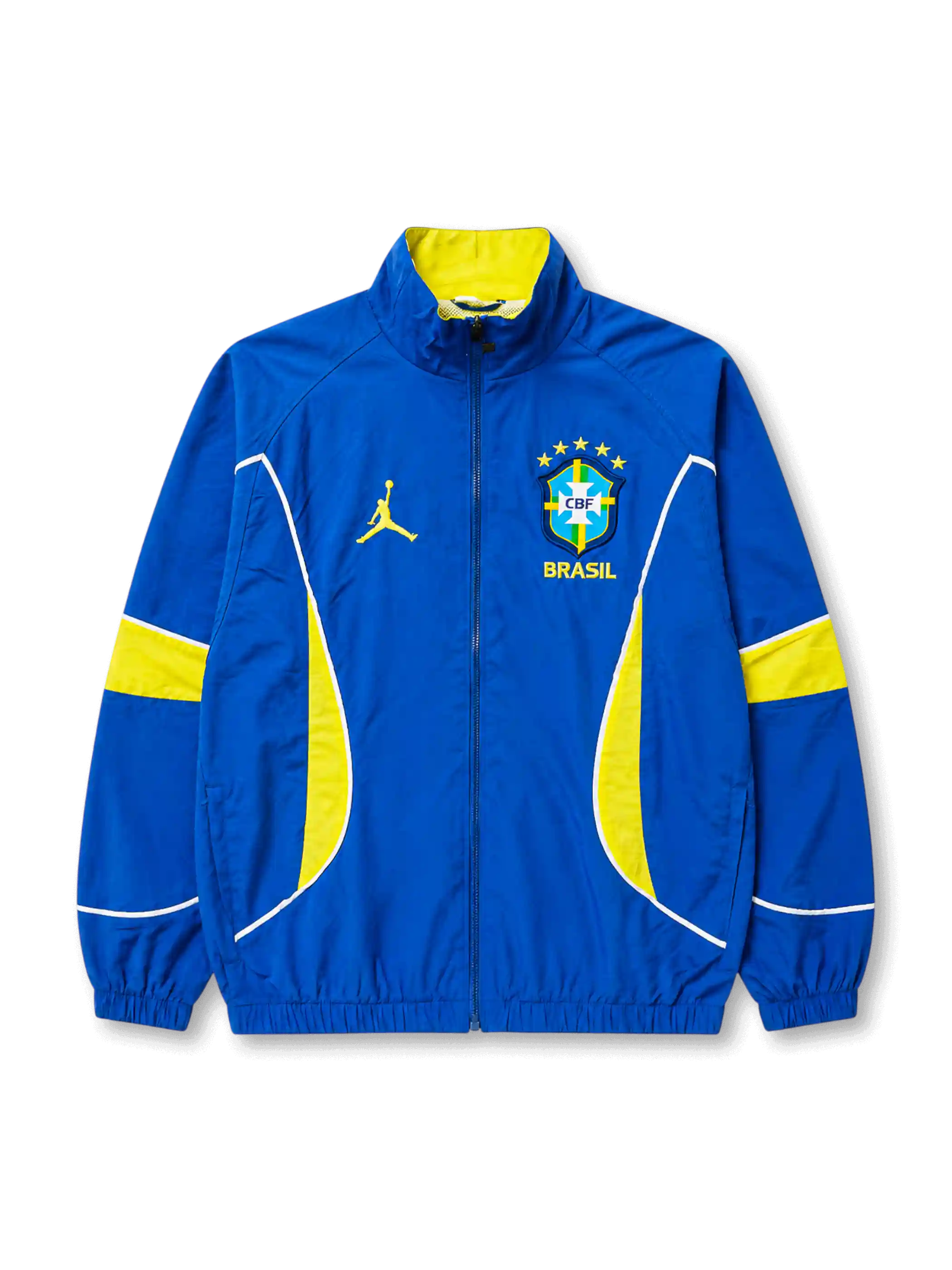 Brazil x Jordan track jacket front with embroidered CBF crest and yellow Jumpman logo
