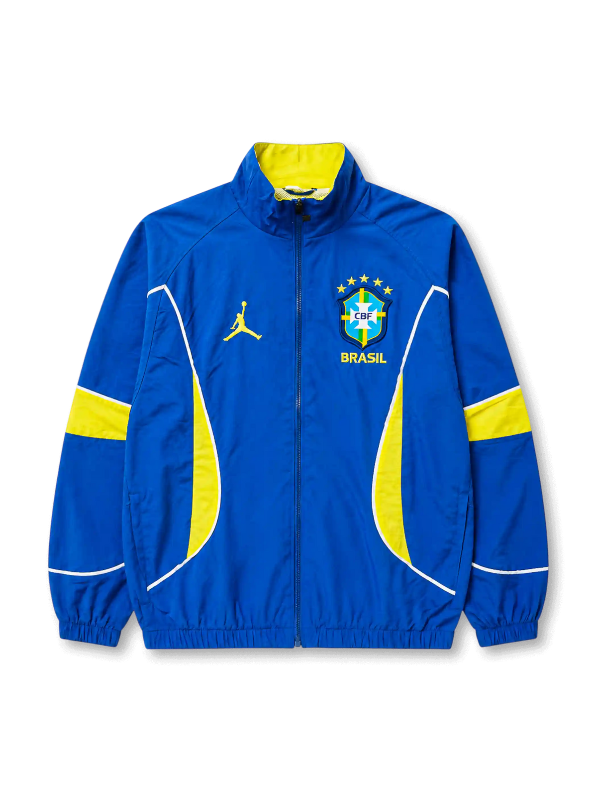 Brazil x Jordan track jacket front with embroidered CBF crest and yellow Jumpman logo