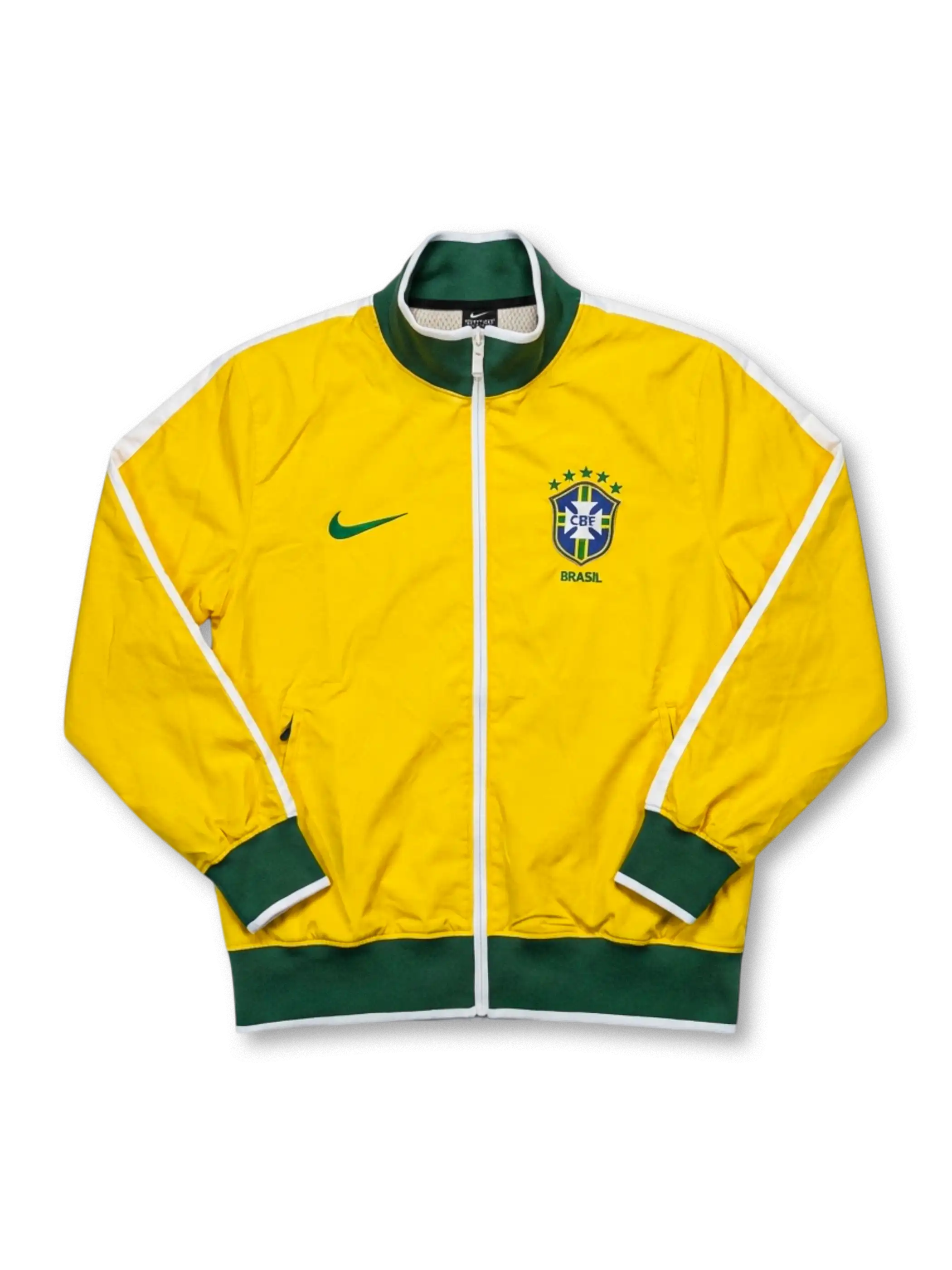 Brazil national team Nike track jacket in canary yellow with green ribbed collar and hem, white shoulder piping, green Swoosh at left chest, five-star CBF crest and BRASIL wordmark at right chest