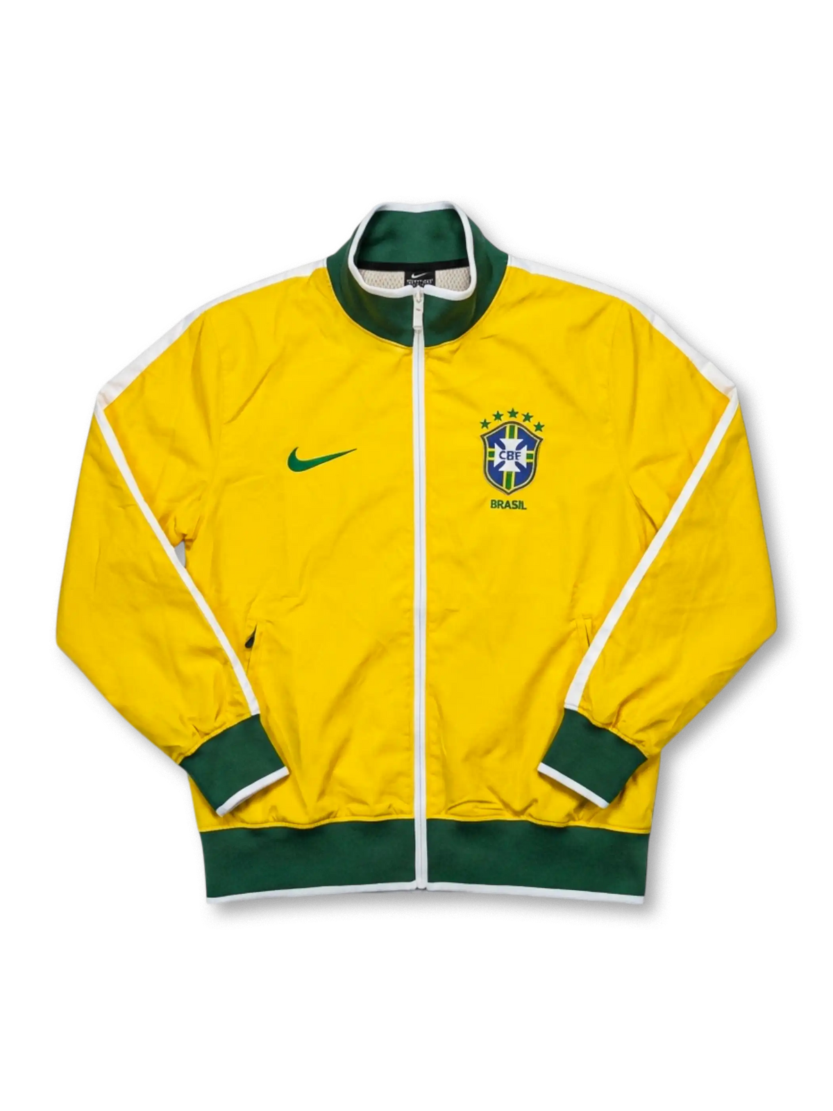 Brazil national team Nike track jacket in canary yellow with green ribbed collar and hem, white shoulder piping, green Swoosh at left chest, five-star CBF crest and BRASIL wordmark at right chest