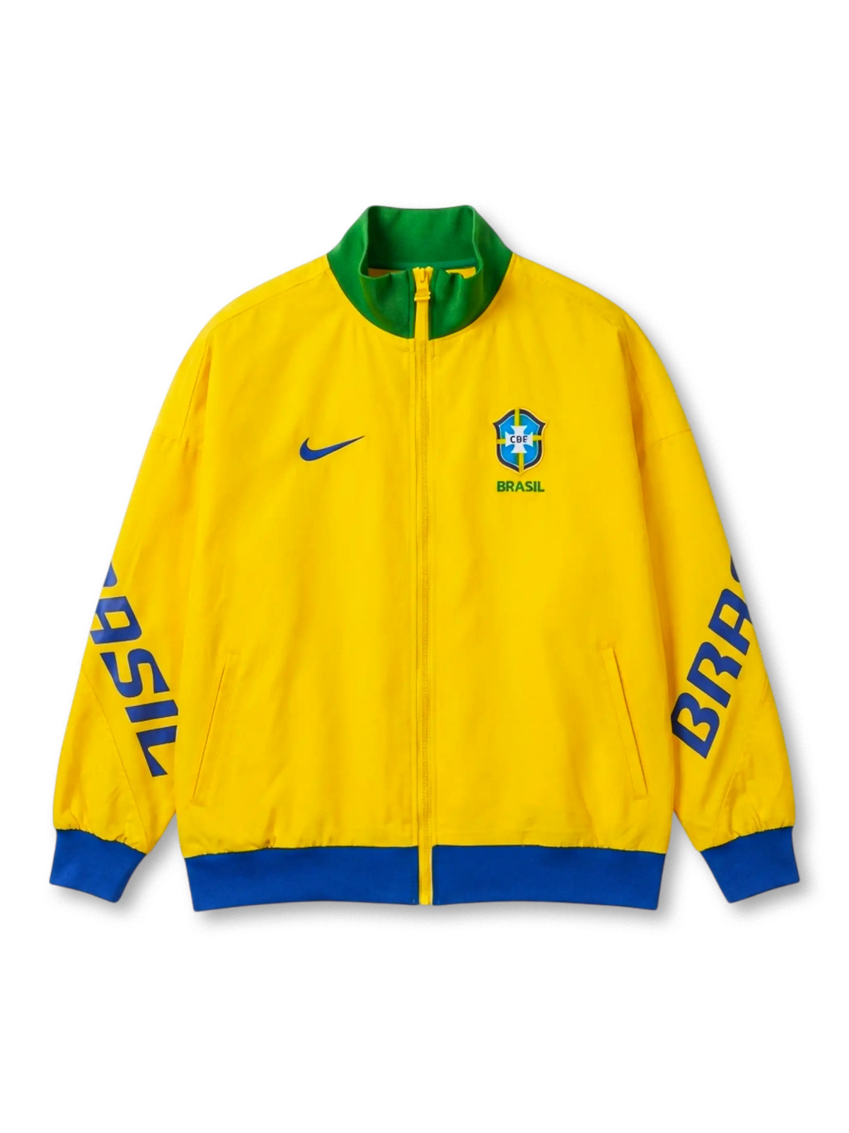 Brazil national team Nike track jacket in canary yellow with green stand collar, blue Nike Swoosh at left chest, CBF crest and BRASIL wordmark at right chest, bold BRASIL lettering running down both sleeves in royal blue, blue ribbed cuffs