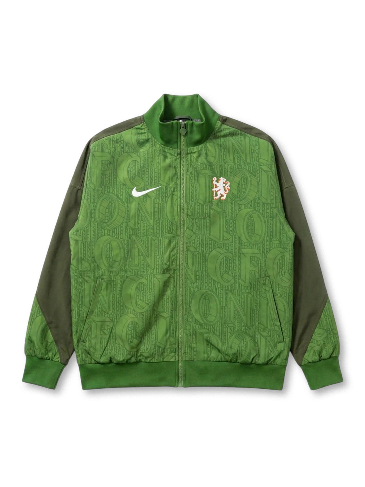 Chelsea FC Nike heritage track jacket in bright green with allover LONDON CFC typography print, vintage lion crest at chest, olive green raglan sleeves