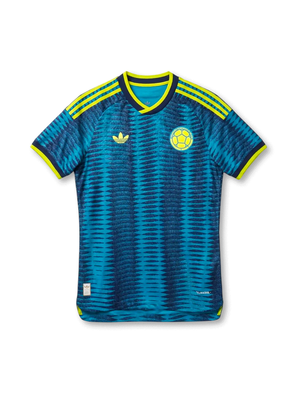 Colombia national team adidas 2026 World Cup Authentic (Player Issue) away jersey in teal with tonal navy diamond-grid jacquard, yellow Three Stripes, yellow and navy layered collar, yellow Trefoil at left chest, FCF sun crest at right chest
