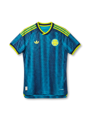 Colombia national team adidas 2026 World Cup Authentic (Player Issue) away jersey in teal with tonal navy diamond-grid jacquard, yellow Three Stripes, yellow and navy layered collar, yellow Trefoil at left chest, FCF sun crest at right chest
