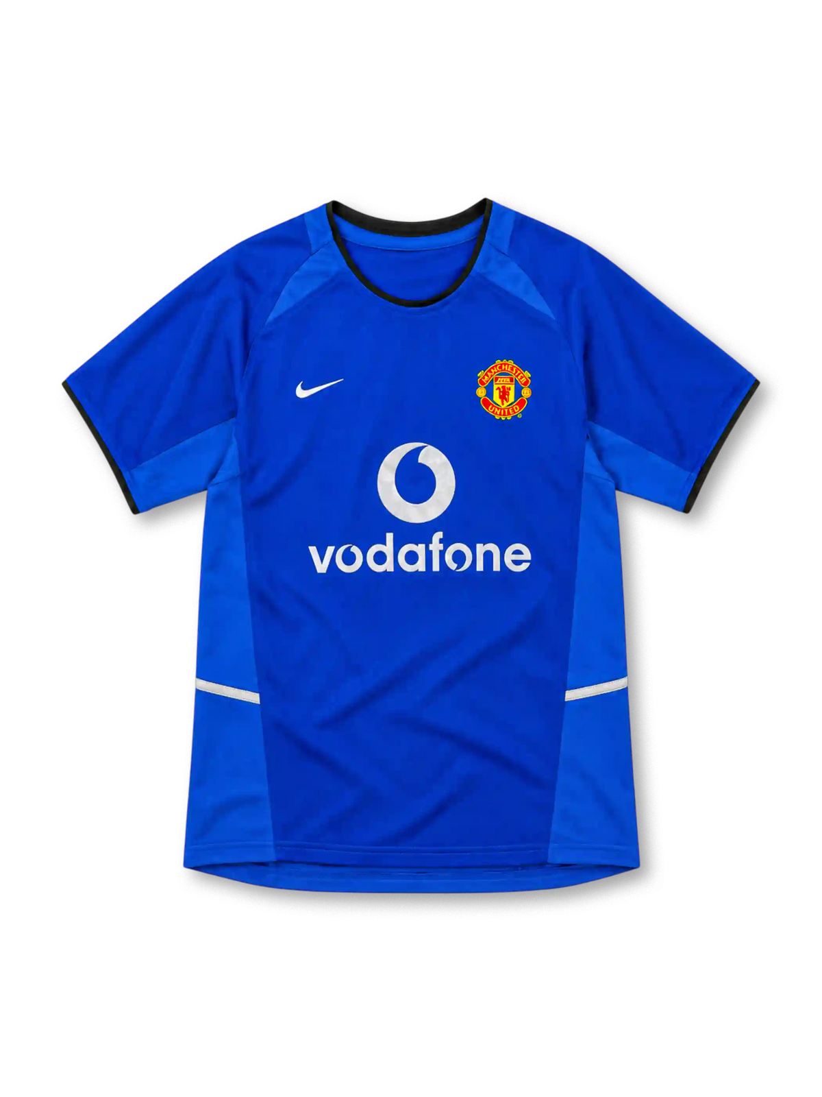 Manchester United 2002/03 royal-blue third jersey with lighter blue side panels, black-trimmed round collar, white Nike Swoosh, club crest and white Vodafone sponsor.
