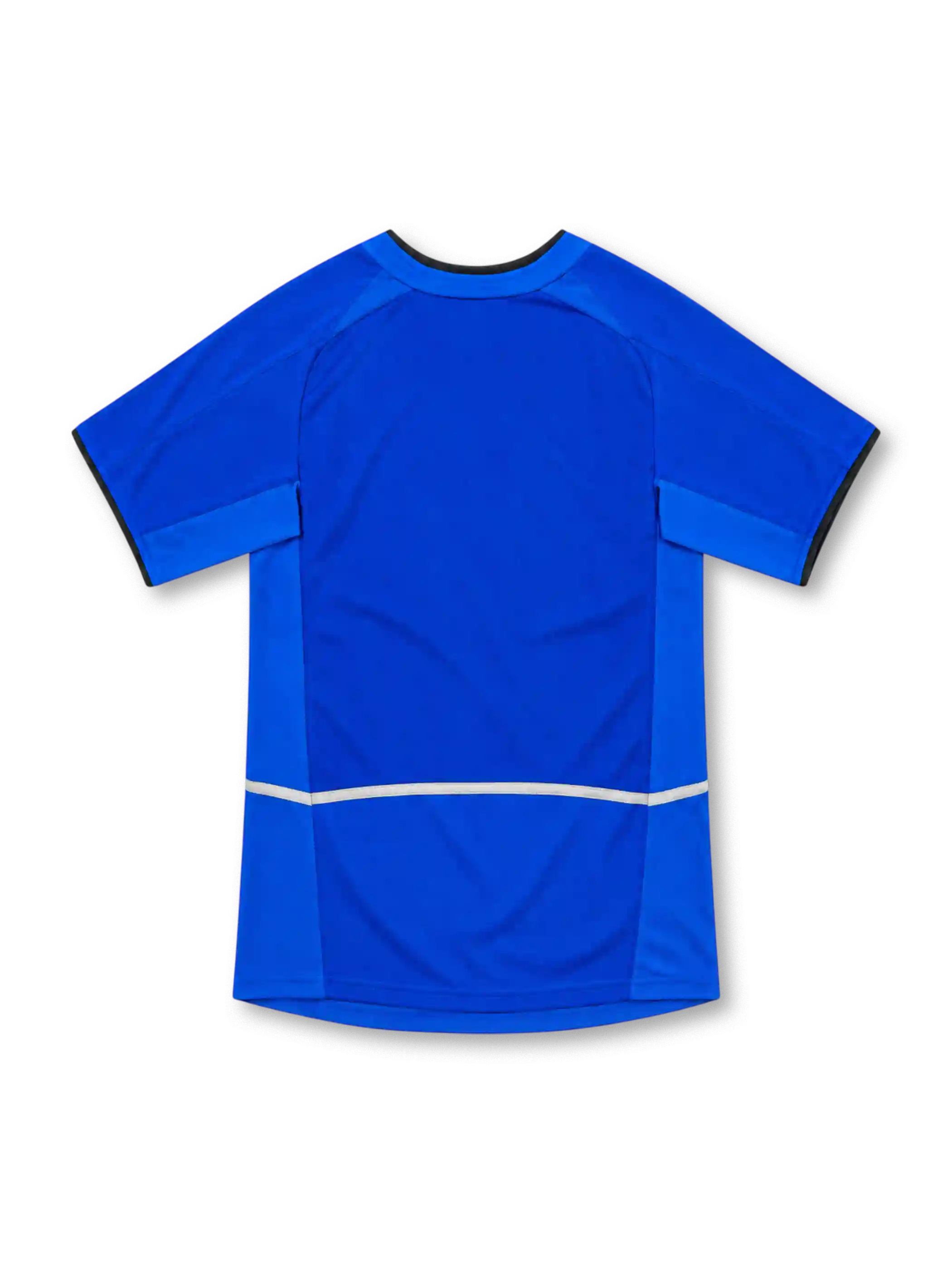Manchester United 2002/03 royal-blue third jersey with lighter blue side panels, black-trimmed round collar, white Nike Swoosh, club crest and white Vodafone sponsor.