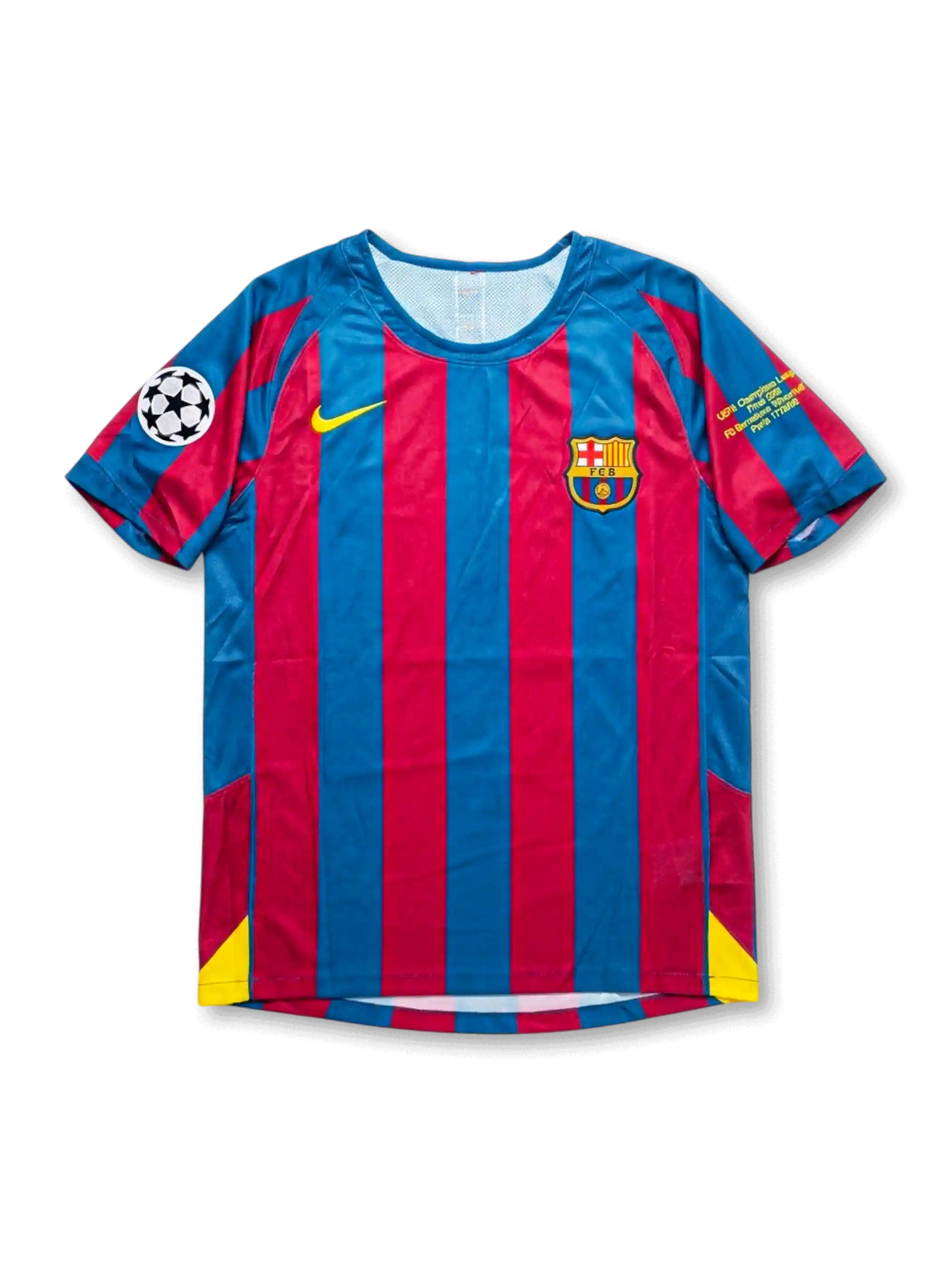 Front view of Barcelona 2005-06 Champions League Final home shirt with red and blue stripes, yellow swoosh, club crest, Champions League patch, and final sleeve embroidery.