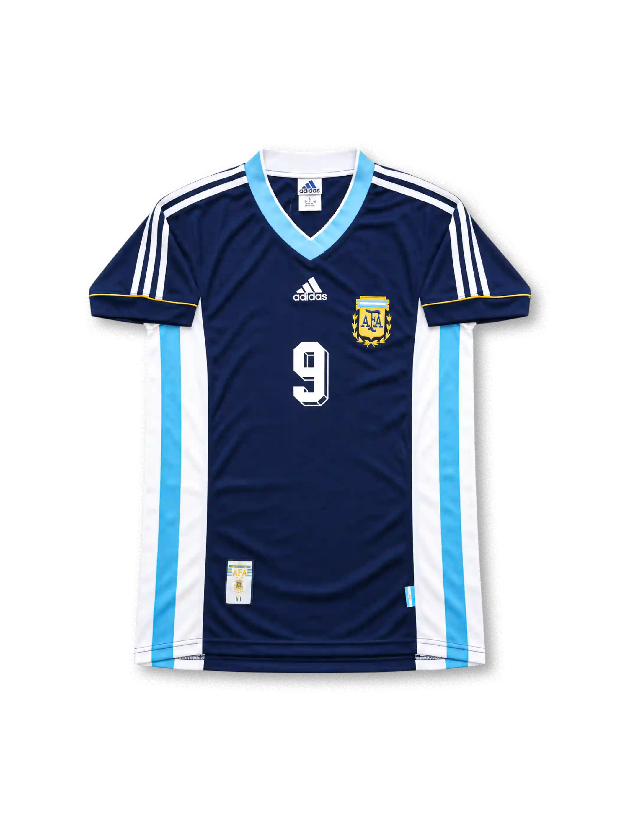 Argentina 1998 World Cup Away Jersey Gabriel Batistuta #9, retro Argentina national team soccer shirt featuring the 1998 World Cup away design, player name and number 9.