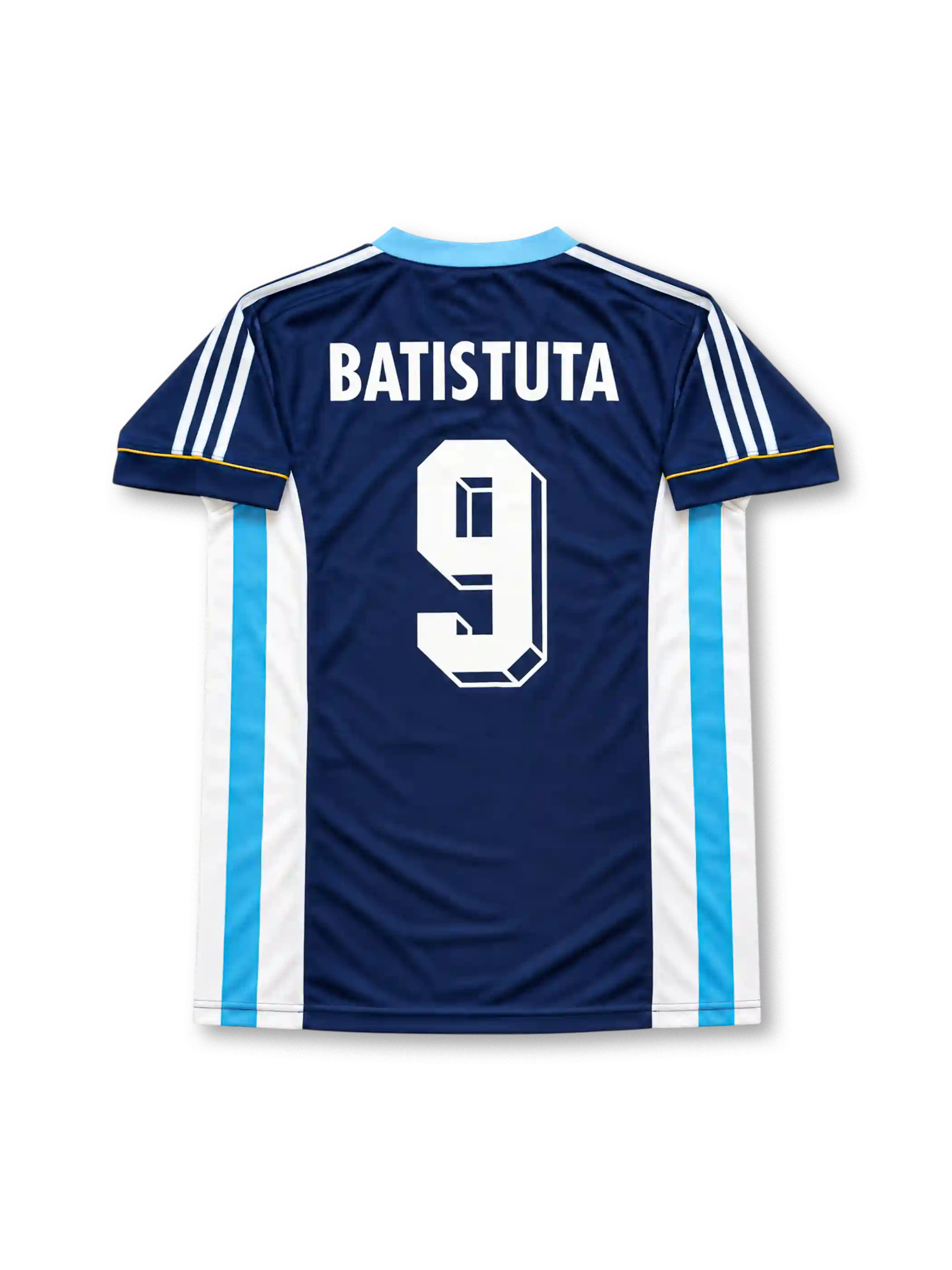 Argentina 1998 World Cup Away Jersey Gabriel Batistuta #9, retro Argentina national team soccer shirt featuring the 1998 World Cup away design, player name and number 9.