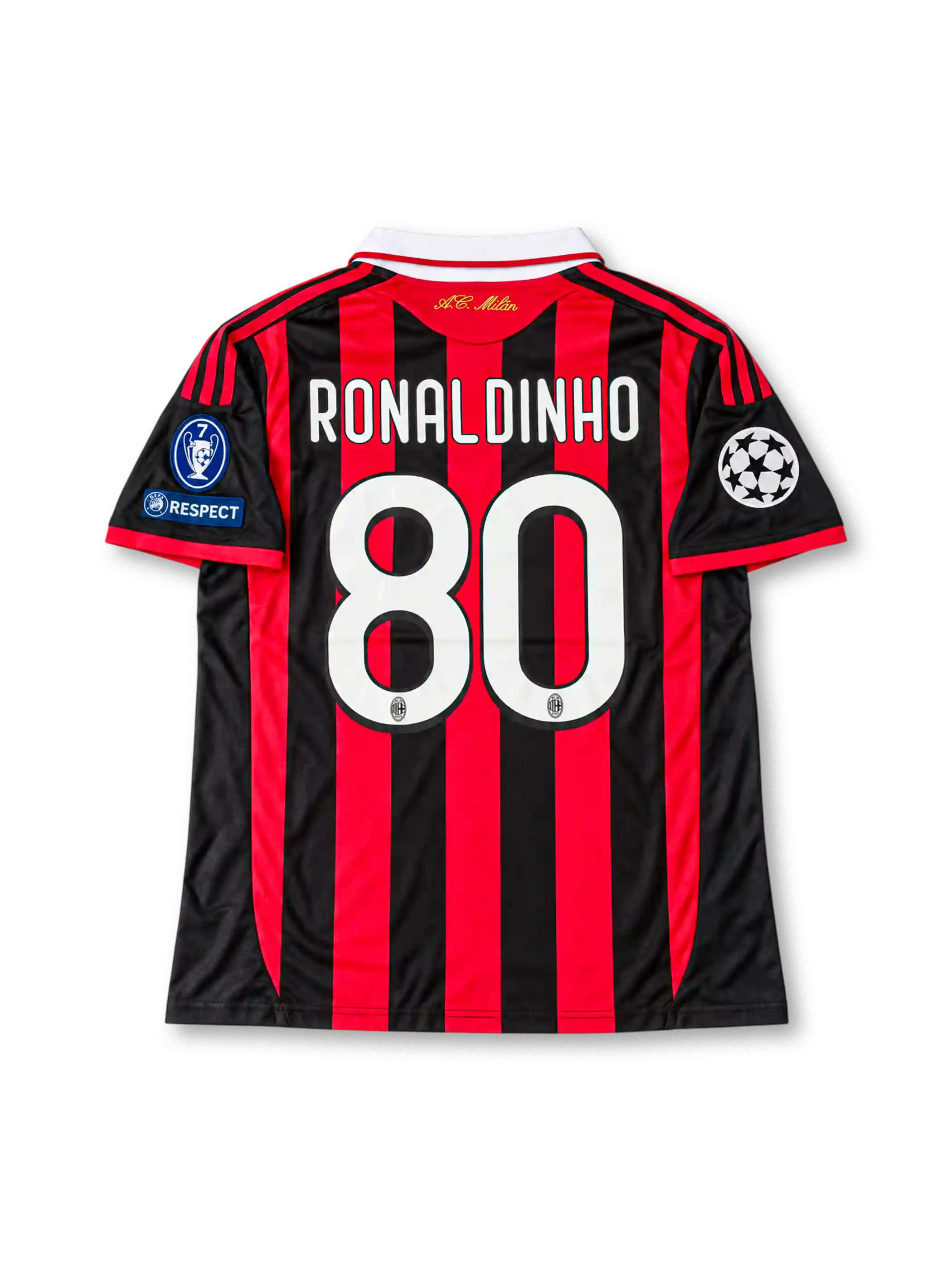 AC Milan Home Jersey David Beckham #32, retro adidas soccer shirt featuring the iconic red and black vertical stripes, AC Milan club crest, and Beckham name and number 32 on the back.