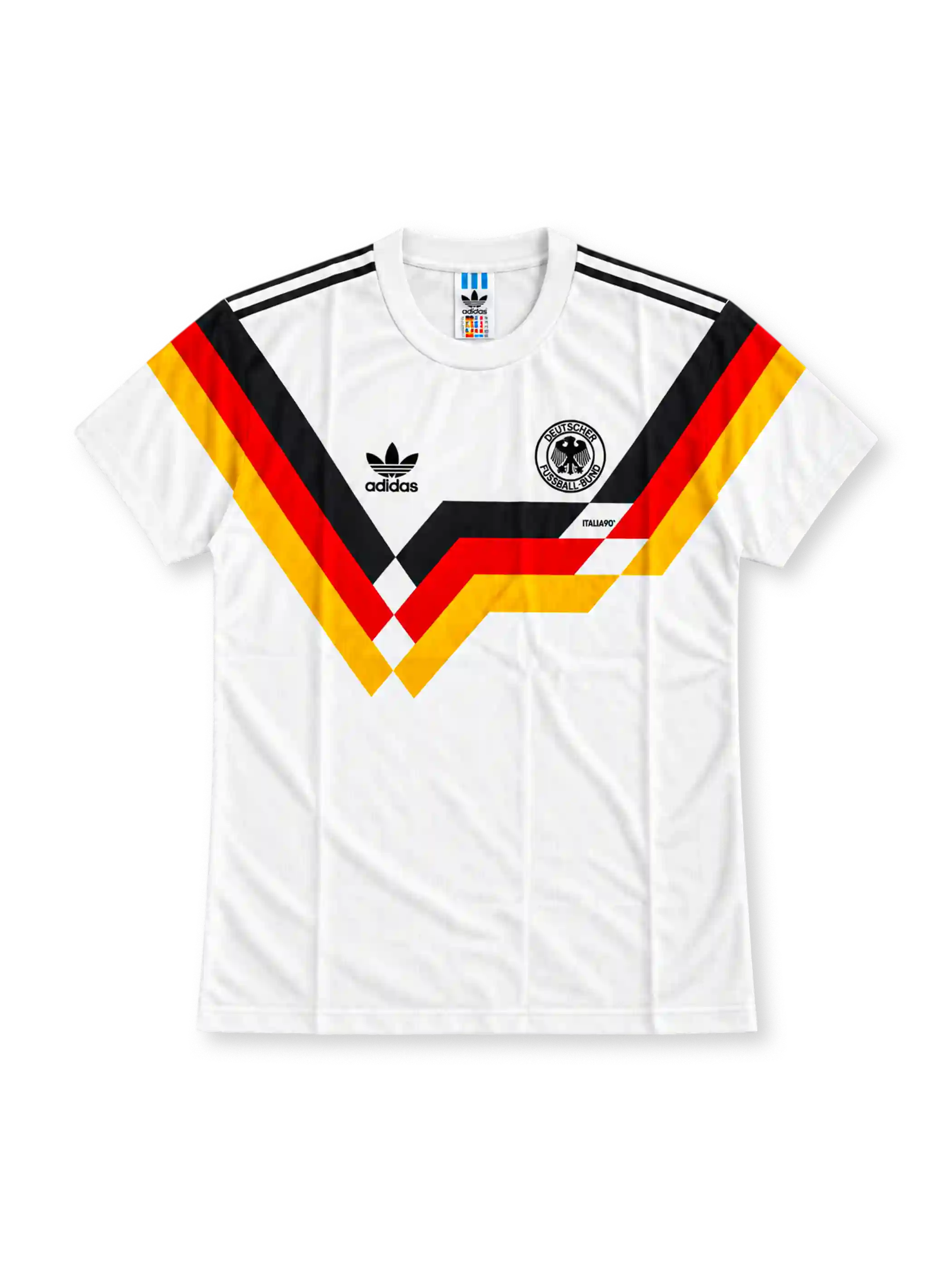West Germany 1990 FIFA World Cup Home Jersey #10, retro adidas soccer shirt featuring a white base with the iconic black, red and gold geometric chest pattern