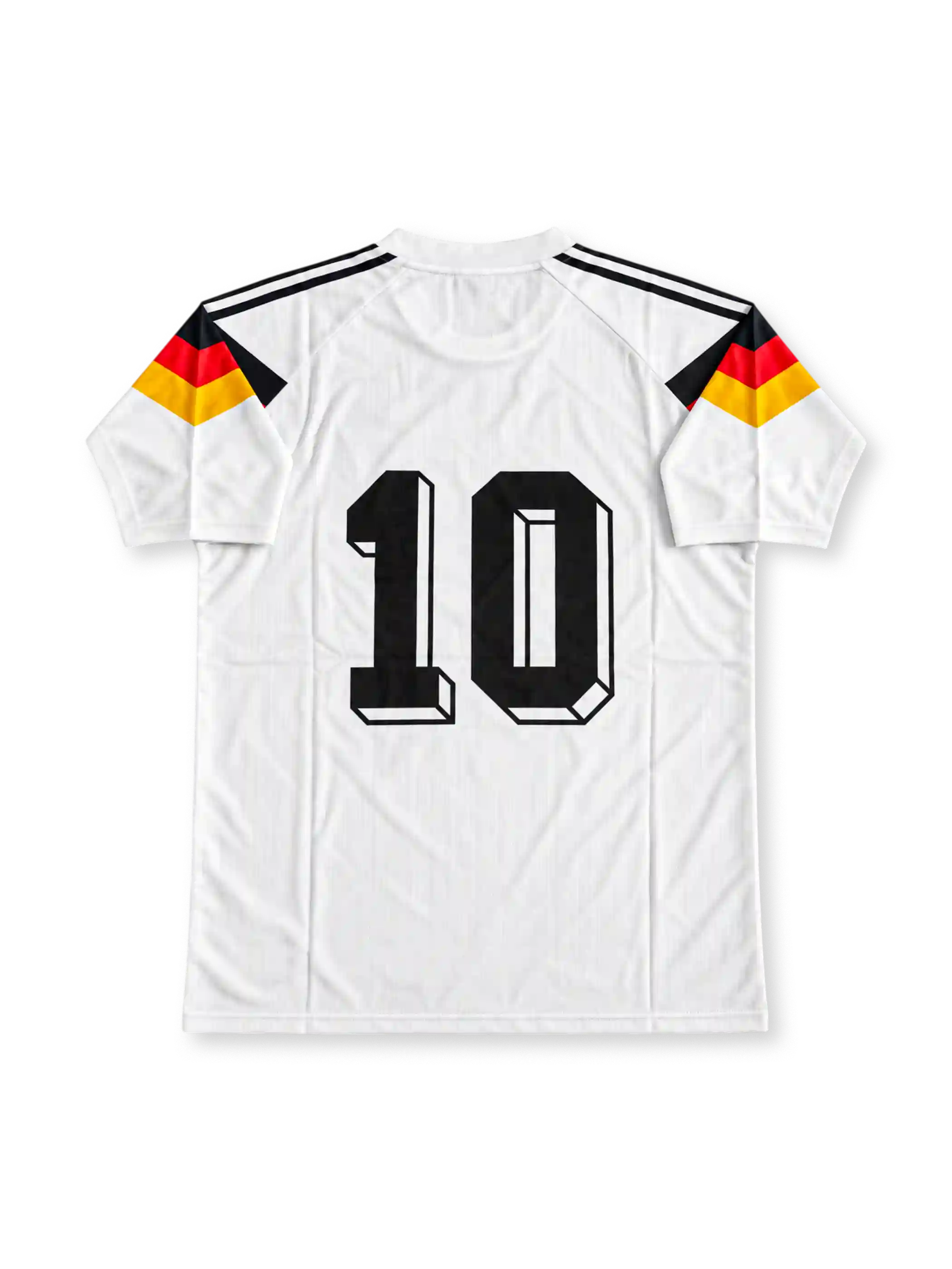 West Germany 1990 FIFA World Cup Home Jersey #10, retro adidas soccer shirt featuring a white base with the iconic black, red and gold geometric chest pattern