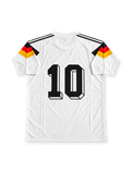 West Germany 1990 FIFA World Cup Home Jersey #10, retro adidas soccer shirt featuring a white base with the iconic black, red and gold geometric chest pattern