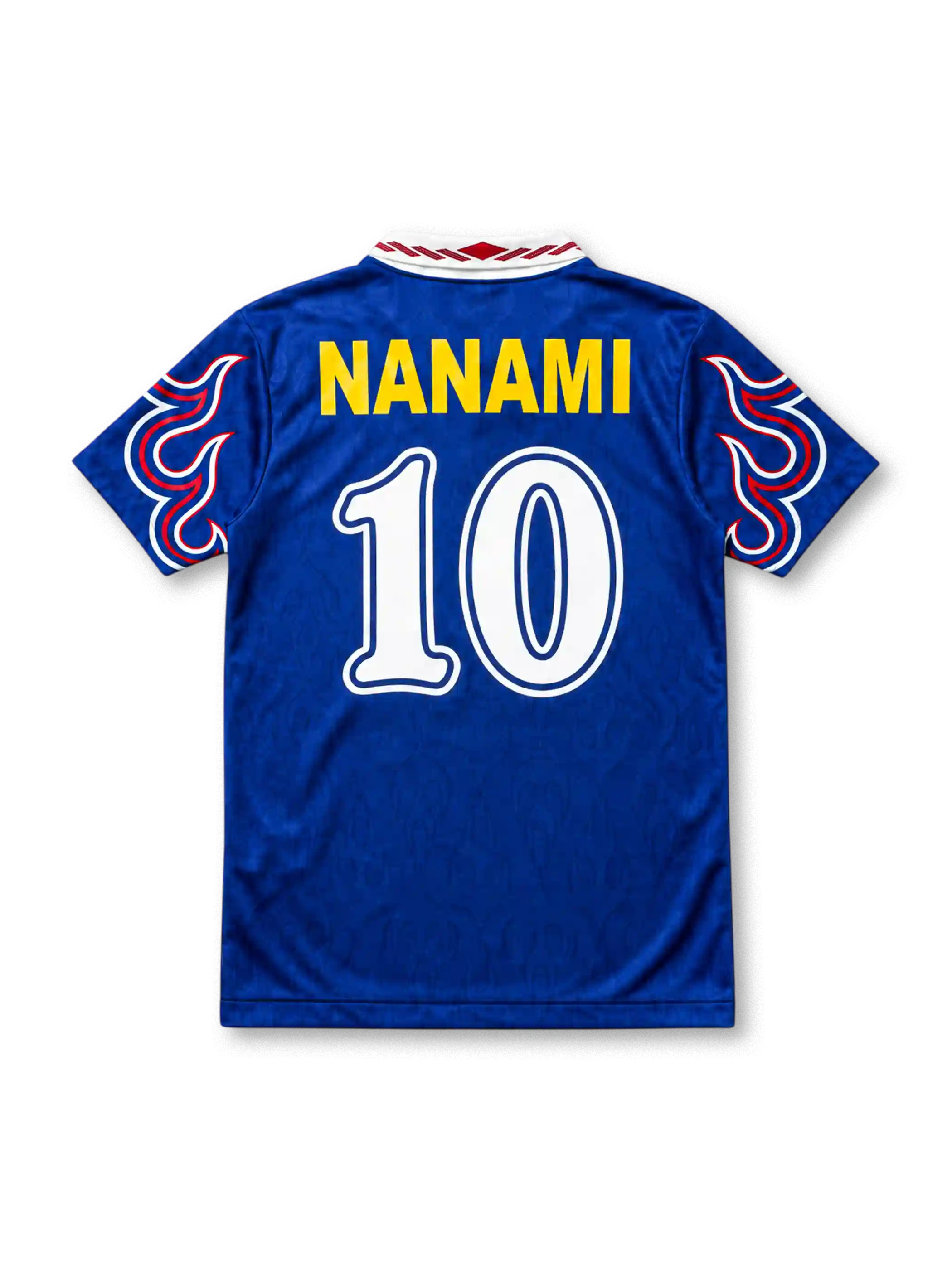 Japan 1997/98 Home Jersey Hiroshi Nanami #10, retro Japan national team soccer shirt featuring a blue base with red flame-inspired details, Japan national team crest, and Nanami name and number 10 on the back.