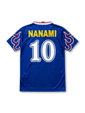 Japan 1997/98 Home Jersey Hiroshi Nanami #10, retro Japan national team soccer shirt featuring a blue base with red flame-inspired details, Japan national team crest, and Nanami name and number 10 on the back.