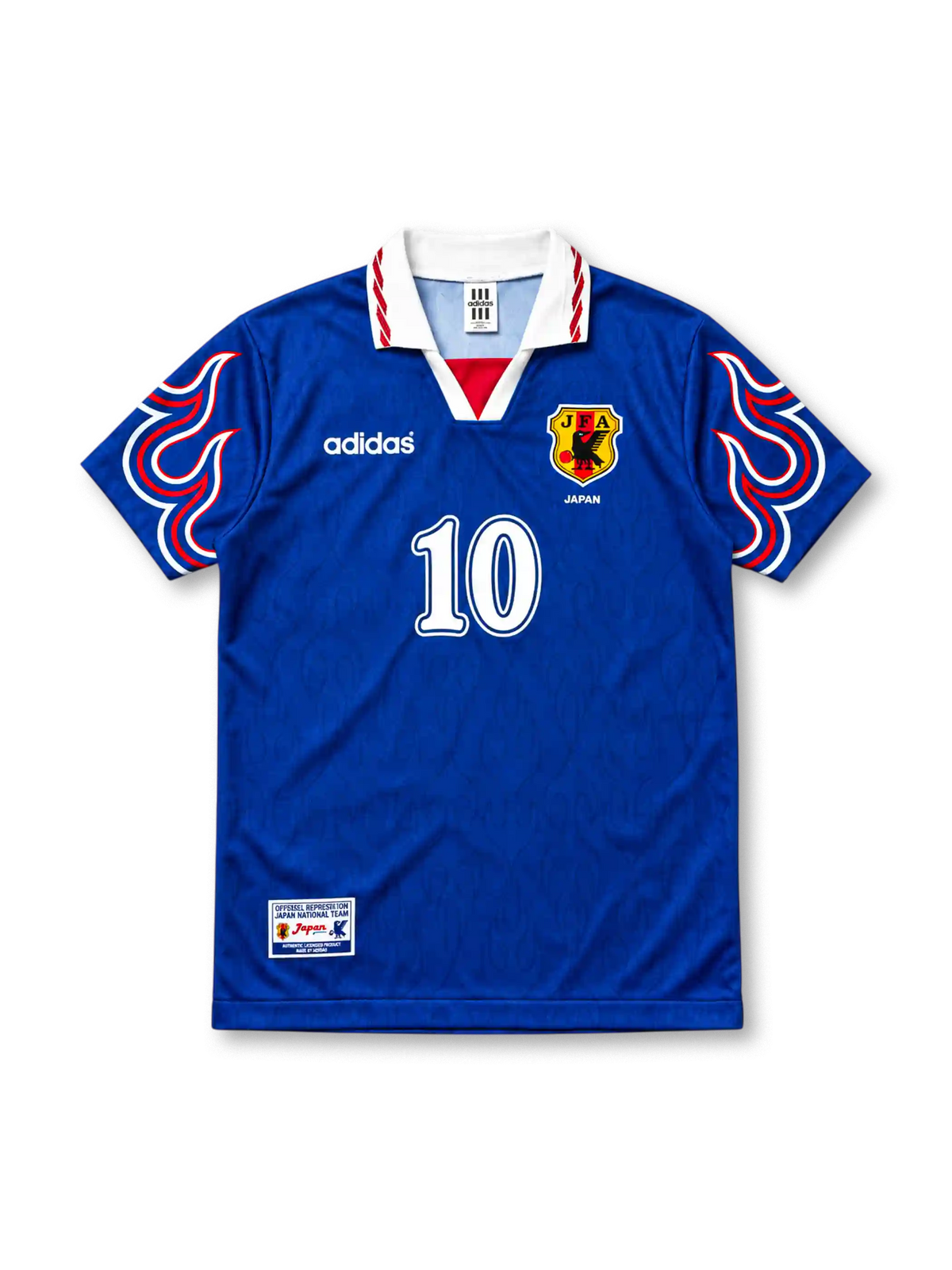 Japan 1997/98 Home Jersey Hiroshi Nanami #10, retro Japan national team soccer shirt featuring a blue base with red flame-inspired details, Japan national team crest, and Nanami name and number 10 on the back.