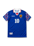 Japan 1997/98 Home Jersey Hiroshi Nanami #10, retro Japan national team soccer shirt featuring a blue base with red flame-inspired details, Japan national team crest, and Nanami name and number 10 on the back.