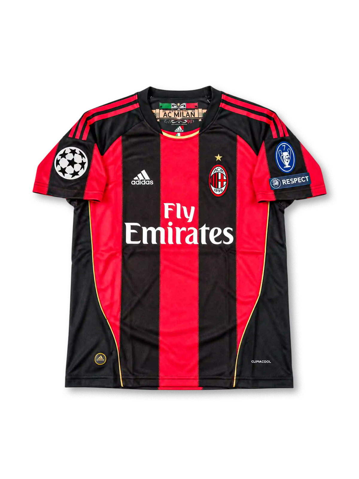AC Milan 2010/11 UEFA Champions League Home Jersey Ronaldinho #80, classic adidas soccer shirt featuring red and black vertical stripes, AC Milan club crest, Fly Emirates sponsor logo, and Ronaldinho name and number 80 on the back.
