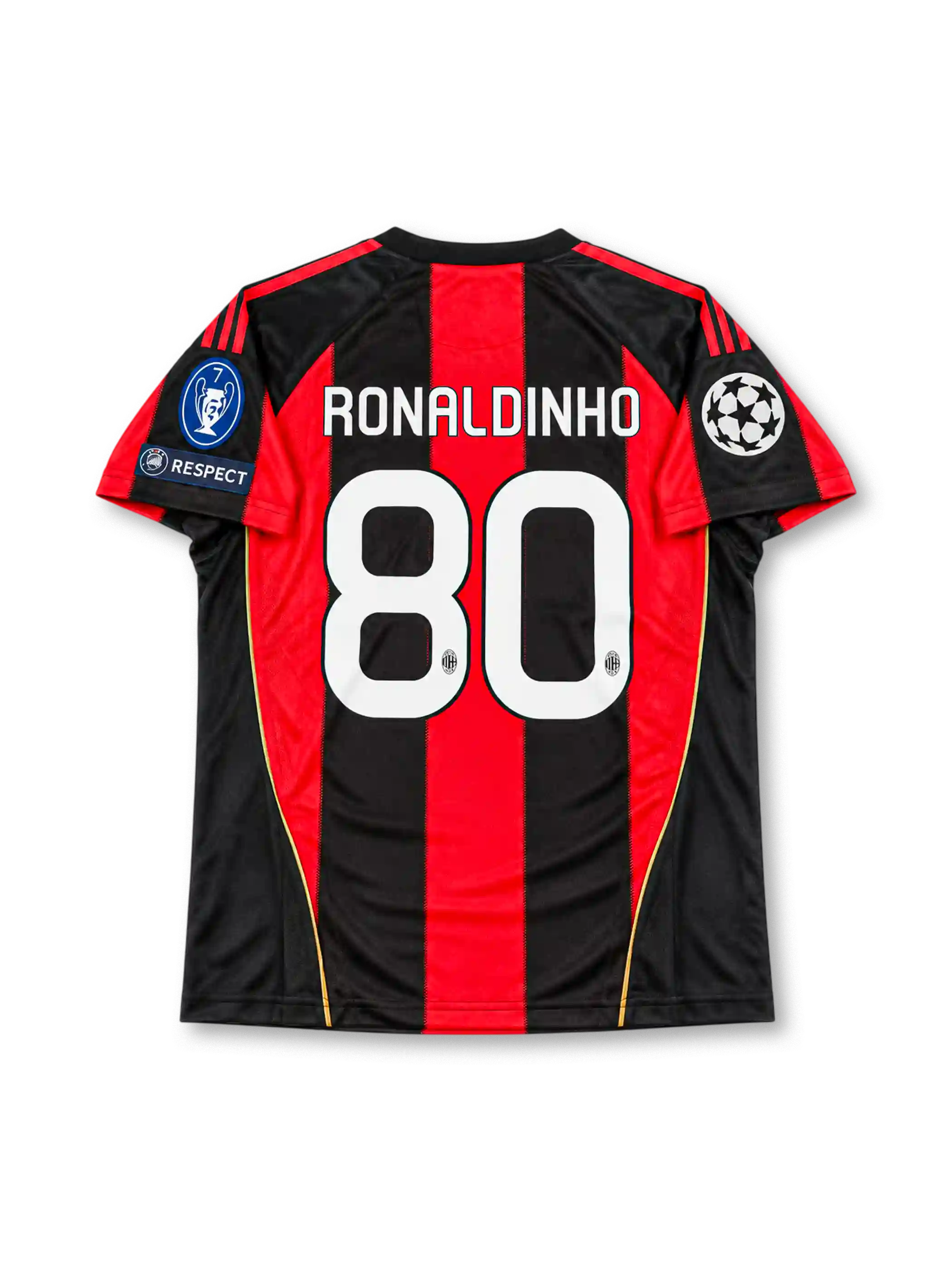 AC Milan 2010/11 UEFA Champions League Home Jersey Ronaldinho #80, classic adidas soccer shirt featuring red and black vertical stripes, AC Milan club crest, Fly Emirates sponsor logo, and Ronaldinho name and number 80 on the back.