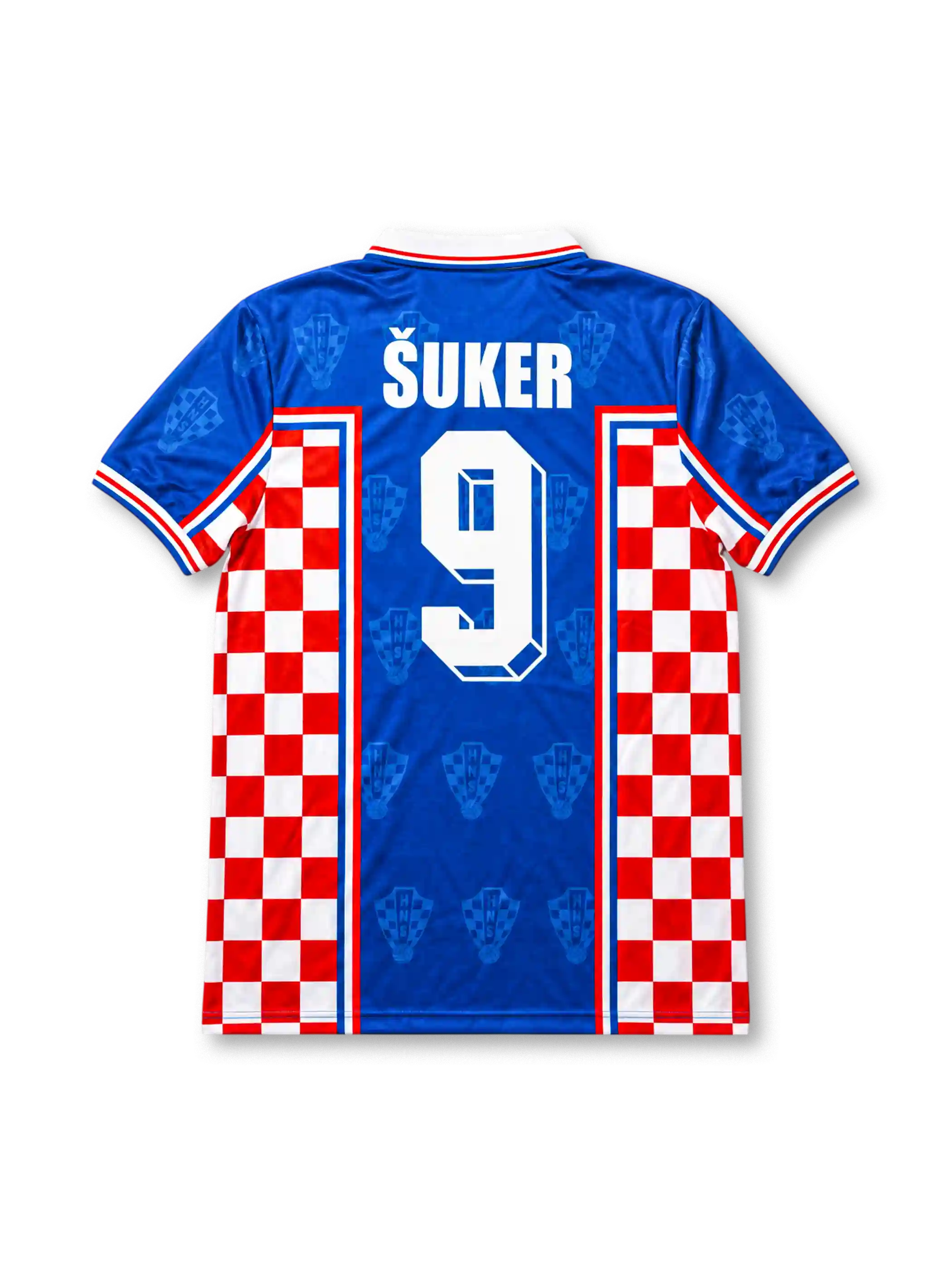 Croatia 1998 FIFA World Cup Away Jersey Davor Šuker #9, retro Croatian national team soccer shirt featuring the iconic red and white checkerboard design, Croatia national team crest, and Šuker name and number 9 on the back.
