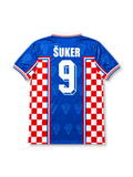 Croatia 1998 FIFA World Cup Away Jersey Davor Šuker #9, retro Croatian national team soccer shirt featuring the iconic red and white checkerboard design, Croatia national team crest, and Šuker name and number 9 on the back.