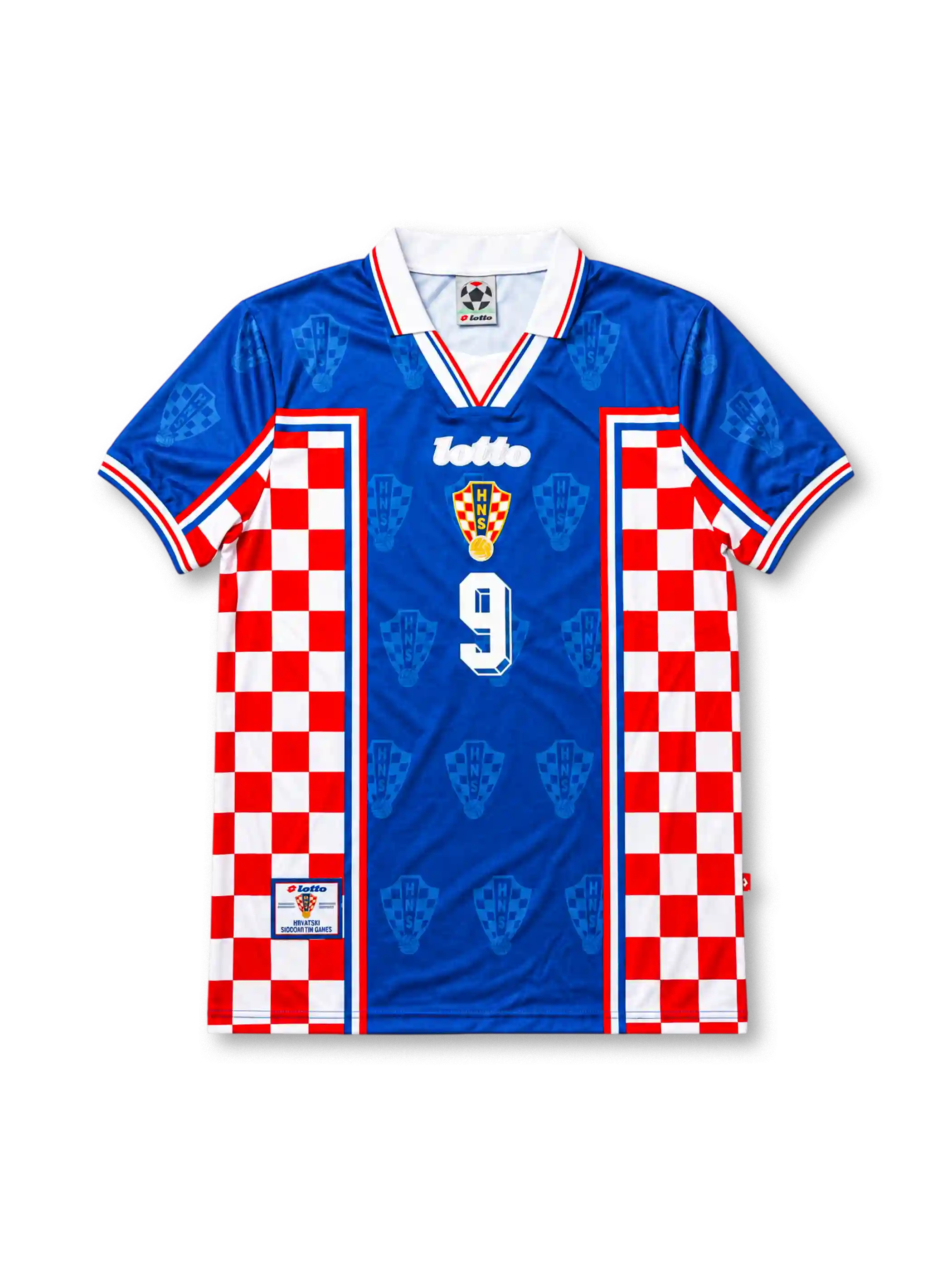 Croatia 1998 FIFA World Cup Away Jersey Davor Šuker #9, retro Croatian national team soccer shirt featuring the iconic red and white checkerboard design, Croatia national team crest, and Šuker name and number 9 on the back.