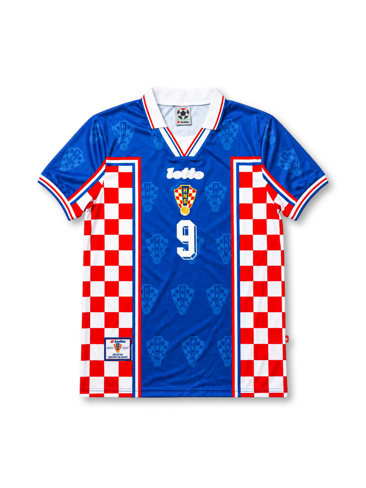 Croatia 1998 FIFA World Cup Away Jersey Davor Šuker #9, retro Croatian national team soccer shirt featuring the iconic red and white checkerboard design, Croatia national team crest, and Šuker name and number 9 on the back.